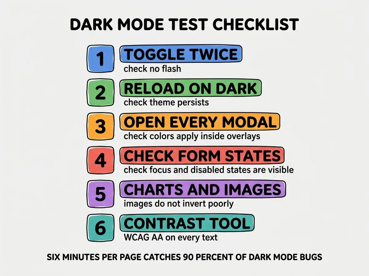 EXPLAINER DIAGRAM titled DARK MODE TEST CHECKLIST shown as a vertical numbered list on a slate background. Six numbered rows, each with a colored circle badge and short description. Row 1 blue TOGGLE TWICE check no flash. Row 2 green RELOAD ON DARK check theme persists. Row 3 orange OPEN EVERY MODAL check colors apply inside overlays. Row 4 red CHECK ALL FORM STATES check focus and disabled states are visible. Row 5 purple OPEN CHARTS AND IMAGES check images do not invert poorly. Row 6 teal SCAN WITH CONTRAST TOOL check WCAG AA on every text. Footer reads SIX MINUTES PER PAGE CATCHES 90 PERCENT OF DARK MODE BUGS.