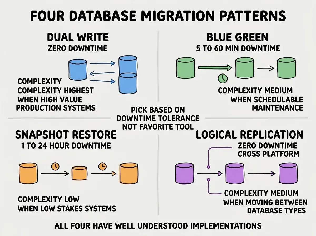 EXPLAINER DIAGRAM titled FOUR DATABASE MIGRATION PATTERNS shown as a 2x2 grid of quadrants on a slate background. Top left blue DUAL WRITE sublabel ZERO DOWNTIME, complexity HIGHEST, when HIGH VALUE PRODUCTION SYSTEMS. Top right green BLUE GREEN sublabel 5 TO 60 MIN DOWNTIME, complexity MEDIUM, when SCHEDULABLE MAINTENANCE. Bottom left orange SNAPSHOT RESTORE sublabel 1 TO 24 HOUR DOWNTIME, complexity LOW, when LOW STAKES SYSTEMS. Bottom right purple LOGICAL REPLICATION sublabel ZERO DOWNTIME CROSS PLATFORM, complexity MEDIUM, when MOVING BETWEEN DATABASE TYPES. Center label reads PICK BASED ON DOWNTIME TOLERANCE NOT FAVORITE TOOL. Footer reads ALL FOUR HAVE WELL UNDERSTOOD IMPLEMENTATIONS.