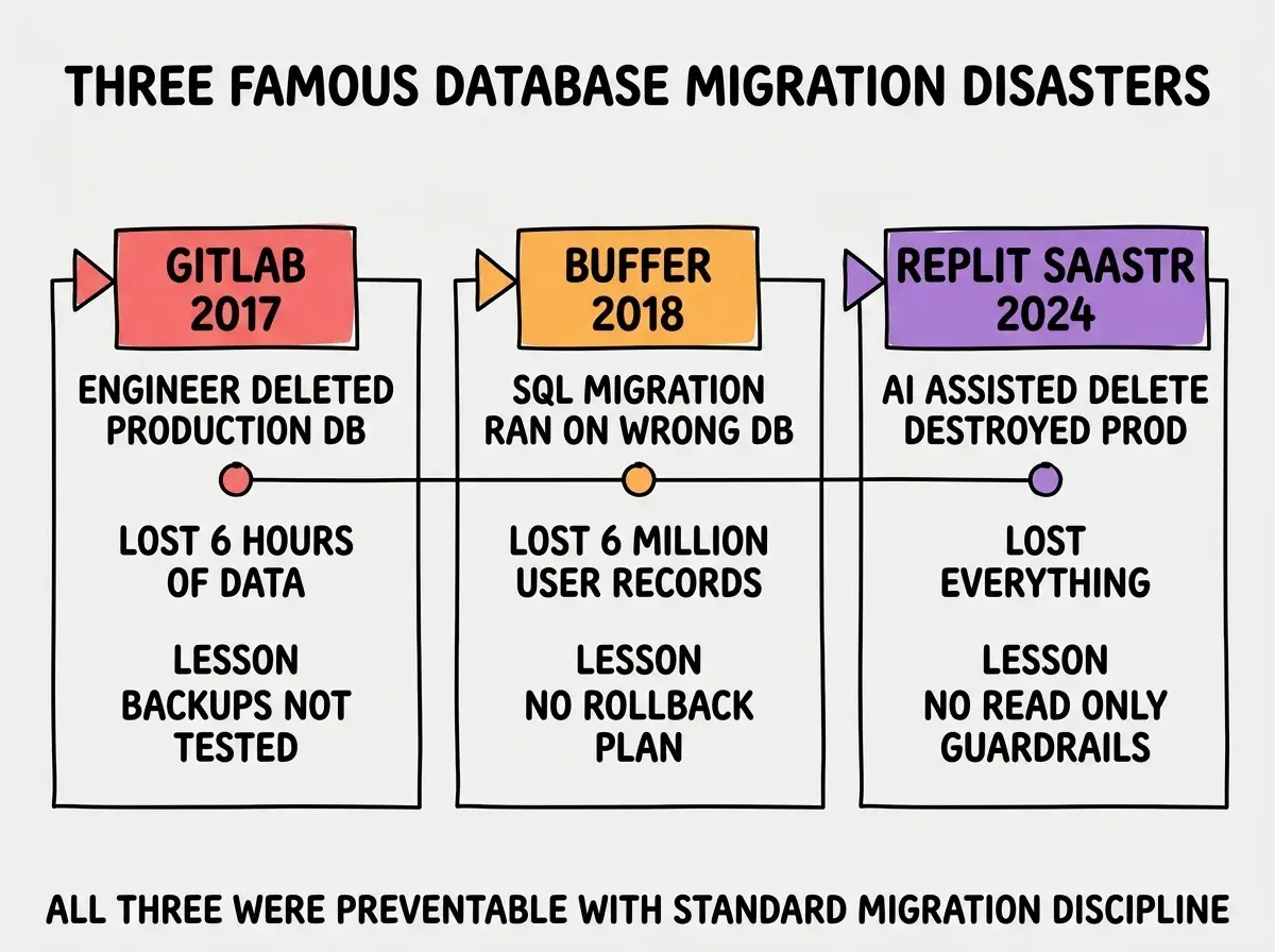 EXPLAINER DIAGRAM titled THREE FAMOUS DATABASE MIGRATION DISASTERS shown as a horizontal three-panel timeline on a slate background. Panel 1 colored red GITLAB 2017 sublabel ENGINEER DELETED PRODUCTION DB, lost 6 HOURS OF DATA, lesson BACKUPS NOT TESTED. Panel 2 colored orange BUFFER 2018 sublabel SQL MIGRATION RAN ON WRONG DB, lost 6 MILLION USER RECORDS, lesson NO ROLLBACK PLAN. Panel 3 colored purple REPLIT SAASTR 2024 sublabel AI ASSISTED DELETE DESTROYED PROD, lost EVERYTHING, lesson NO READ ONLY GUARDRAILS. Footer reads ALL THREE WERE PREVENTABLE WITH STANDARD MIGRATION DISCIPLINE.