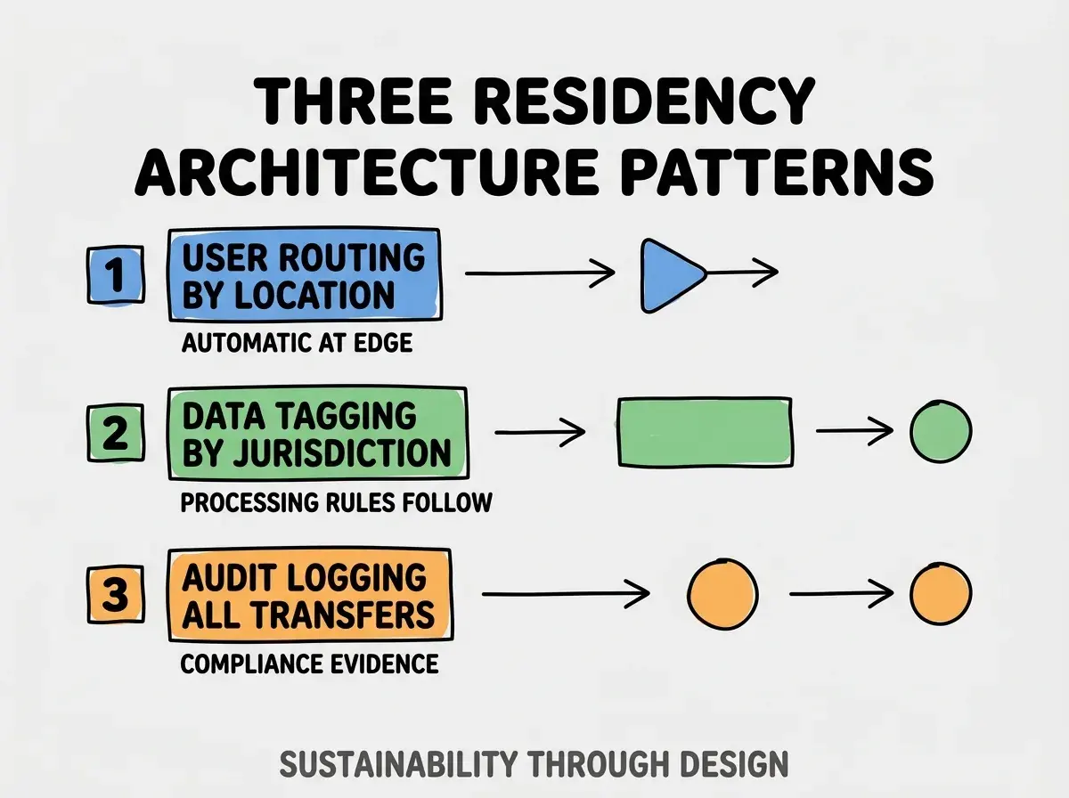 Clean modern flat infographic on light gray background. Top title bold black: THREE RESIDENCY ARCHITECTURE PATTERNS. Single vertical numbered list with three rows. Row 1 blue badge USER ROUTING BY LOCATION with subtitle AUTOMATIC AT EDGE. Row 2 green badge DATA TAGGING BY JURISDICTION with subtitle PROCESSING RULES FOLLOW. Row 3 orange badge AUDIT LOGGING ALL TRANSFERS with subtitle COMPLIANCE EVIDENCE. Footer text dark gray: SUSTAINABILITY THROUGH DESIGN. Each label appears exactly once. No duplicated text.