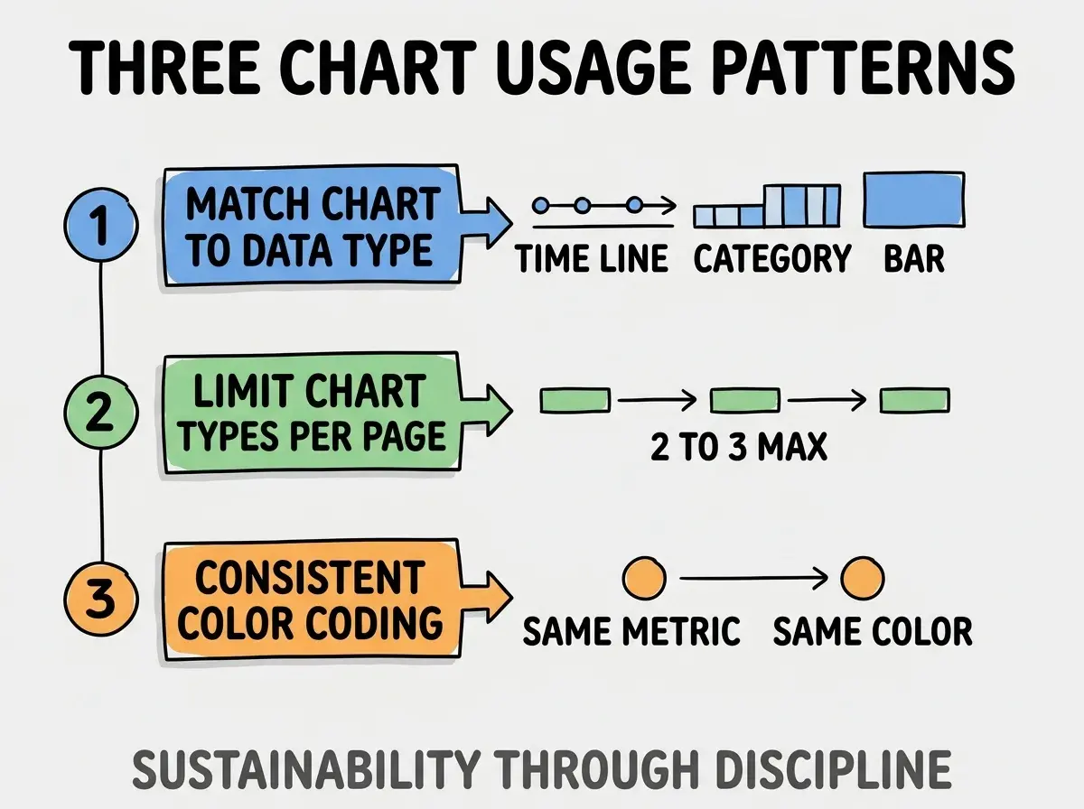 Clean modern flat infographic on light gray background. Top title bold black: THREE CHART USAGE PATTERNS. Single vertical numbered list with three rows. Row 1 blue badge MATCH CHART TO DATA TYPE with subtitle TIME LINE CATEGORY BAR. Row 2 green badge LIMIT CHART TYPES PER PAGE with subtitle 2 TO 3 MAX. Row 3 orange badge CONSISTENT COLOR CODING with subtitle SAME METRIC SAME COLOR. Footer text dark gray: SUSTAINABILITY THROUGH DISCIPLINE. Each label appears exactly once. No duplicated text.