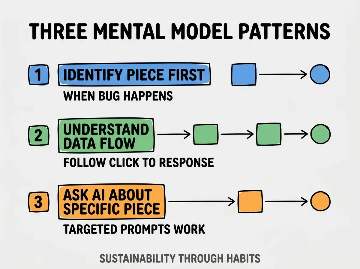 Clean modern flat infographic on light gray background. Top title bold black: THREE MENTAL MODEL PATTERNS. Single vertical numbered list with three rows. Row 1 blue badge IDENTIFY PIECE FIRST with subtitle WHEN BUG HAPPENS. Row 2 green badge UNDERSTAND DATA FLOW with subtitle FOLLOW CLICK TO RESPONSE. Row 3 orange badge ASK AI ABOUT SPECIFIC PIECE with subtitle TARGETED PROMPTS WORK. Footer text dark gray: SUSTAINABILITY THROUGH HABITS. Each label appears exactly once. No duplicated text.