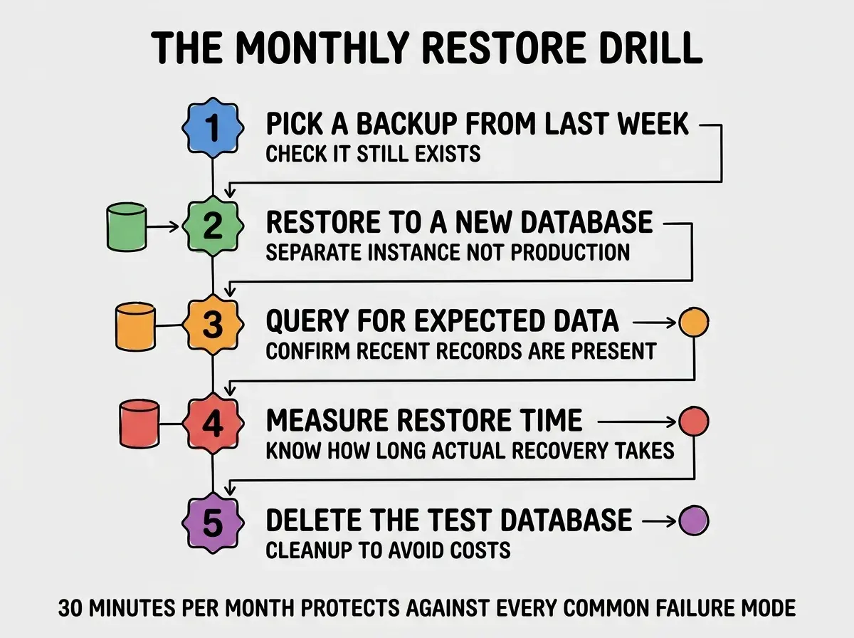 EXPLAINER DIAGRAM titled THE MONTHLY RESTORE DRILL shown as a vertical numbered process on a slate background. Five steps stacked vertically. Step 1 blue PICK A BACKUP FROM LAST WEEK sublabel CHECK IT STILL EXISTS. Step 2 green RESTORE TO A NEW DATABASE sublabel SEPARATE INSTANCE NOT PRODUCTION. Step 3 orange QUERY FOR EXPECTED DATA sublabel CONFIRM RECENT RECORDS ARE PRESENT. Step 4 red MEASURE RESTORE TIME sublabel KNOW HOW LONG ACTUAL RECOVERY TAKES. Step 5 purple DELETE THE TEST DATABASE sublabel CLEANUP TO AVOID COSTS. Footer reads 30 MINUTES PER MONTH PROTECTS AGAINST EVERY COMMON FAILURE MODE.