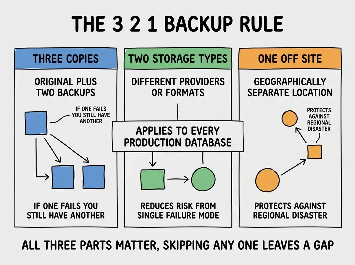 EXPLAINER DIAGRAM titled THE 3 2 1 BACKUP RULE shown as a horizontal three-panel layout on a slate background. Panel 1 colored blue header THREE COPIES sublabel ORIGINAL PLUS TWO BACKUPS, with note IF ONE FAILS YOU STILL HAVE ANOTHER. Panel 2 colored green header TWO STORAGE TYPES sublabel DIFFERENT PROVIDERS OR FORMATS, with note REDUCES RISK FROM SINGLE FAILURE MODE. Panel 3 colored orange header ONE OFF SITE sublabel GEOGRAPHICALLY SEPARATE LOCATION, with note PROTECTS AGAINST REGIONAL DISASTER. Center label reads APPLIES TO EVERY PRODUCTION DATABASE. Footer reads ALL THREE PARTS MATTER, SKIPPING ANY ONE LEAVES A GAP.