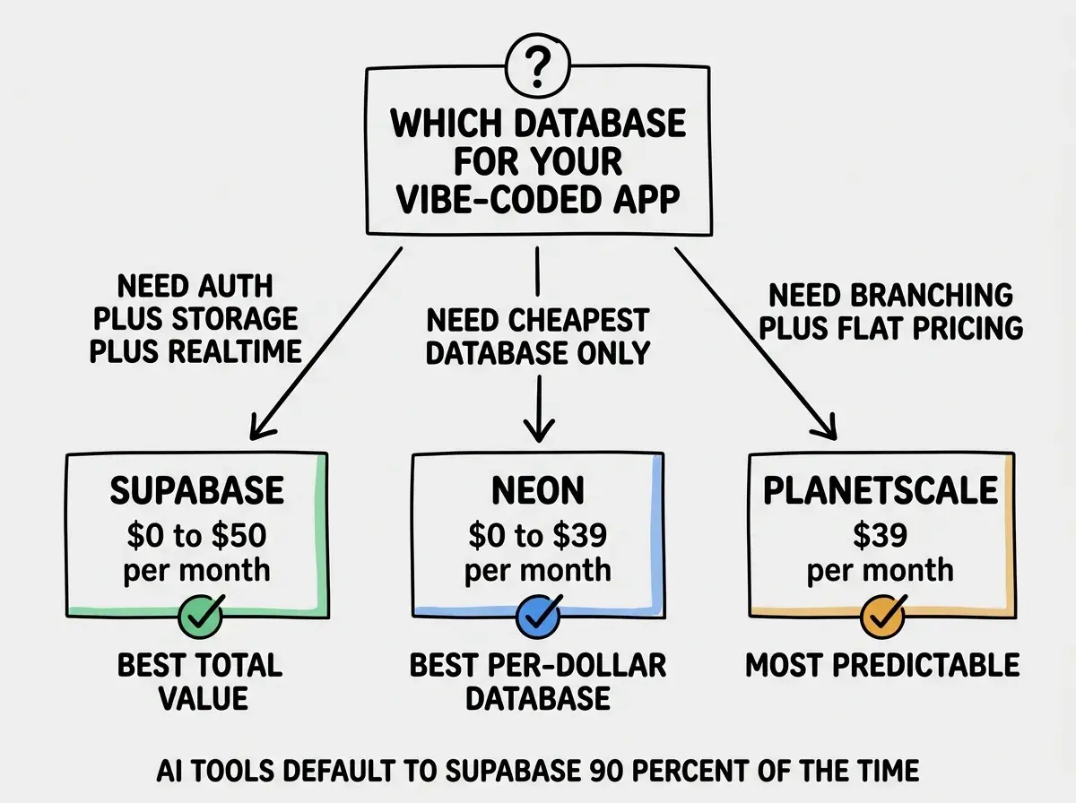 EXPLAINER DIAGRAM: A decision flowchart on white background. The top box reads WHICH DATABASE FOR YOUR VIBE-CODED APP with a question mark. Three arrows branch downward. Left arrow labeled NEED AUTH PLUS STORAGE PLUS REALTIME points to a box reading SUPABASE at $0 to $50 per month with a green checkmark and the text BEST TOTAL VALUE. Center arrow labeled NEED CHEAPEST DATABASE ONLY points to a box reading NEON at $0 to $39 per month with a blue checkmark and the text BEST PER-DOLLAR DATABASE. Right arrow labeled NEED BRANCHING PLUS FLAT PRICING points to a box reading PLANETSCALE at $39 per month with an amber checkmark and the text MOST PREDICTABLE. A footer note reads AI TOOLS DEFAULT TO SUPABASE 90 PERCENT OF THE TIME.