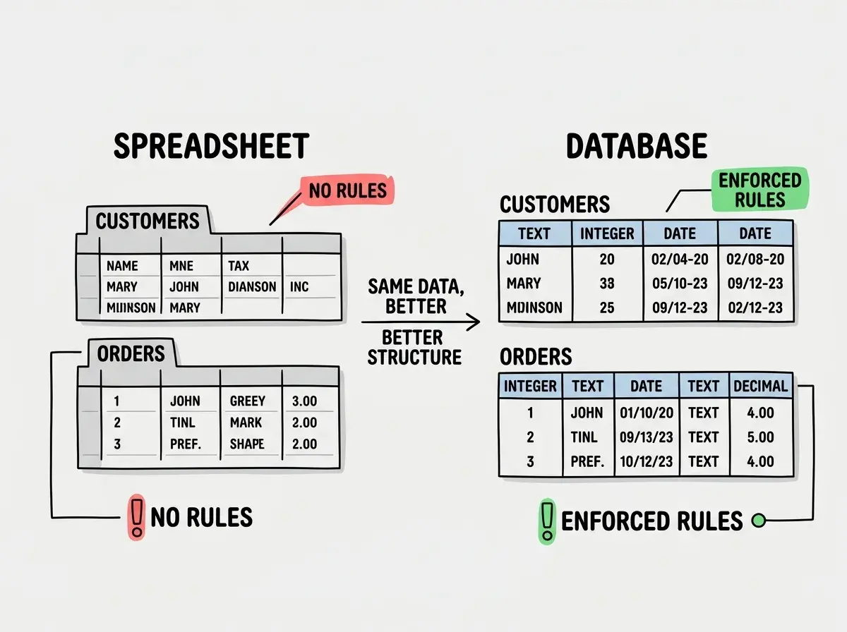 EXPLAINER DIAGRAM: A side-by-side comparison showing a spreadsheet on the left and a database on the right. The spreadsheet side shows two tabs labeled Customers and Orders, each with sample rows and columns. The left side is labeled NO RULES with a red indicator. The right side shows the same data structured as two database tables with column types annotated (TEXT, INTEGER, DATE) and a green indicator labeled ENFORCED RULES. An arrow connects the two sides with the label SAME DATA, BETTER STRUCTURE.