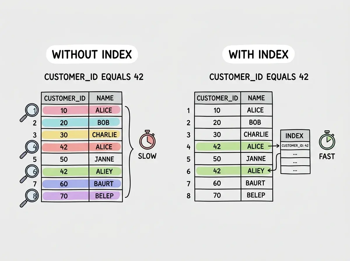 EXPLAINER DIAGRAM: Two panels showing the difference between searching with and without an index. The left panel labeled WITHOUT INDEX shows a table of 8 rows with a magnifying glass scanning every single row sequentially, with all rows highlighted and a timer showing SLOW. The right panel labeled WITH INDEX shows the same table but with a separate small sorted list on the side labeled INDEX that points directly to only the 2 matching rows, with a timer showing FAST. Both panels search for customer_id equals 42.