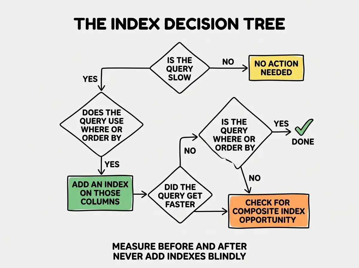 EXPLAINER DIAGRAM titled THE INDEX DECISION TREE shown as a flowchart on a slate background. Top diamond labeled IS THE QUERY SLOW. Yes branch leads to a diamond DOES THE QUERY USE WHERE OR ORDER BY. Yes leads to green box ADD AN INDEX ON THOSE COLUMNS. From green box arrow to diamond DID THE QUERY GET FASTER. Yes leads to a green checkmark labeled DONE. No leads to orange box CHECK FOR COMPOSITE INDEX OPPORTUNITY. From the very top, No branch from IS THE QUERY SLOW leads to a yellow box NO ACTION NEEDED. Footer reads MEASURE BEFORE AND AFTER, NEVER ADD INDEXES BLINDLY.