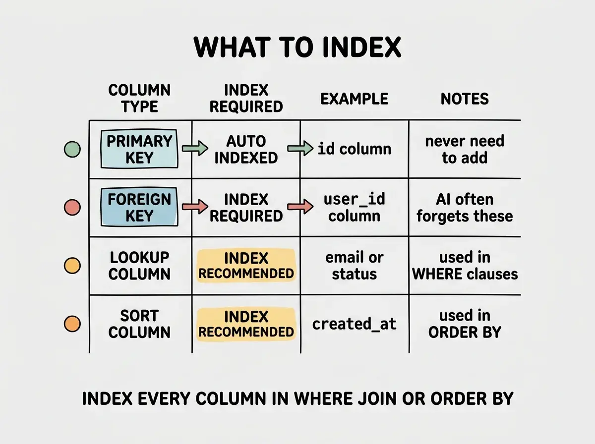 EXPLAINER DIAGRAM titled WHAT TO INDEX shown as a four row table on a slate background. Columns COLUMN TYPE, INDEX REQUIRED, EXAMPLE, NOTES. Row 1 PRIMARY KEY, AUTO INDEXED, id column, never need to add. Row 2 FOREIGN KEY, INDEX REQUIRED, user_id, AI often forgets these. Row 3 LOOKUP COLUMN, INDEX RECOMMENDED, email or status, used in WHERE clauses. Row 4 SORT COLUMN, INDEX RECOMMENDED, created_at, used in ORDER BY. Each row has a colored dot indicating priority. Footer reads INDEX EVERY COLUMN IN WHERE JOIN OR ORDER BY.