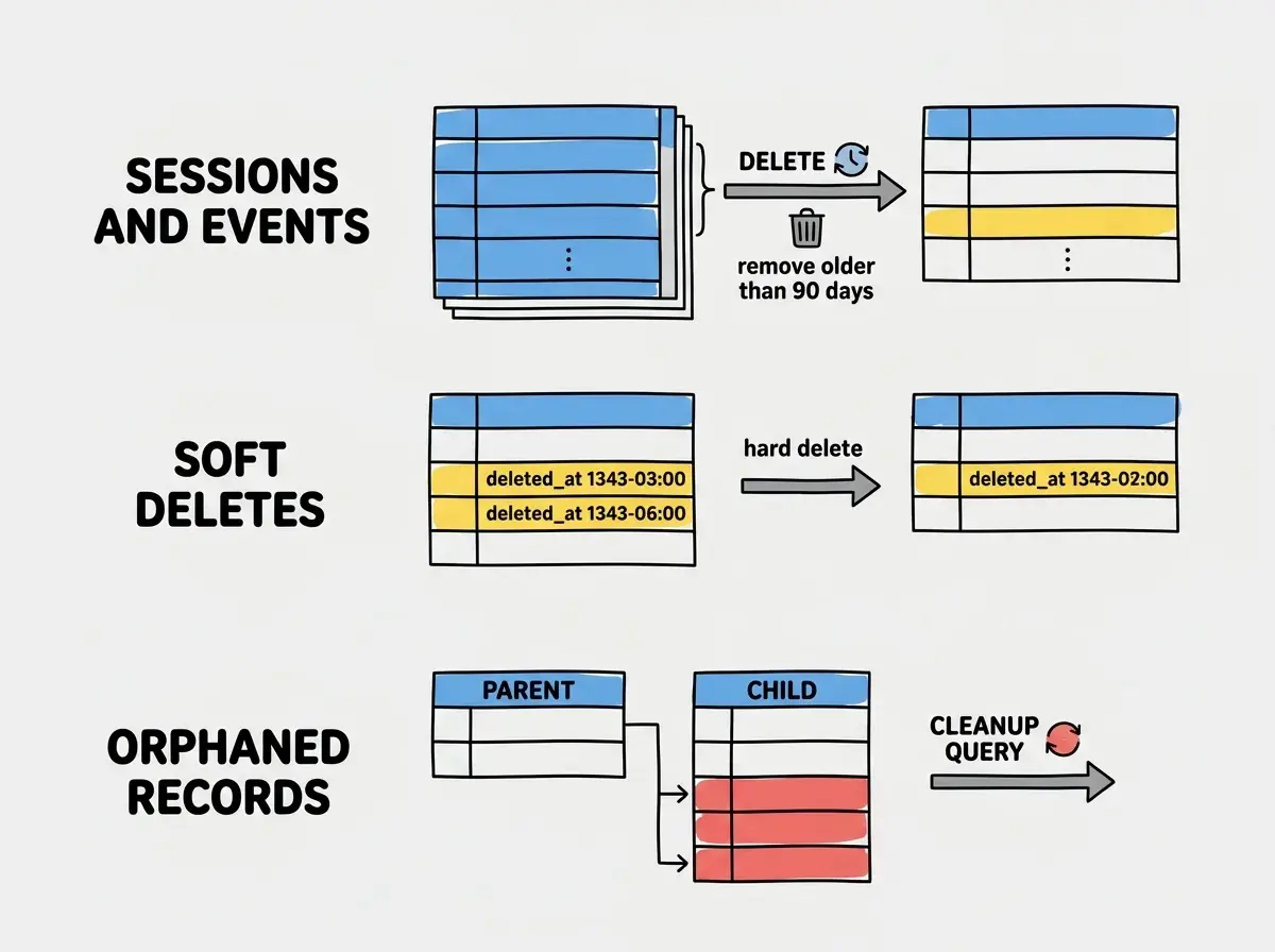 EXPLAINER DIAGRAM: Three-panel diagram showing data pruning categories. Panel 1 labeled SESSIONS AND EVENTS shows a table filling up with rows, then a DELETE query removing rows older than 90 days, leaving a smaller table. Panel 2 labeled SOFT DELETES shows rows with deleted_at timestamps accumulating over time, then a hard delete pass removing old tombstones. Panel 3 labeled ORPHANED RECORDS shows a parent table and child table connected by a foreign key, with orphaned child rows highlighted in red and a cleanup query removing them. Clean flat illustration style on white background.