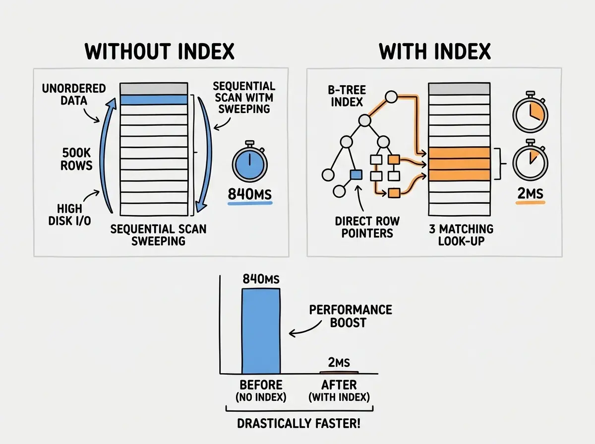 EXPLAINER DIAGRAM: Two-panel query performance comparison. Left panel shows a query without an index: a sequential scan icon sweeping through an entire table represented as 500K stacked rows, with a timer showing 840ms. Right panel shows the same query with an index: a B-tree index structure pointing directly to 3 matching rows in the same table, with a timer showing 2ms. Below both panels, a bar chart compares query time before and after, with the 'before' bar significantly taller. Clean technical diagram style with blue and orange accent colors on white background.