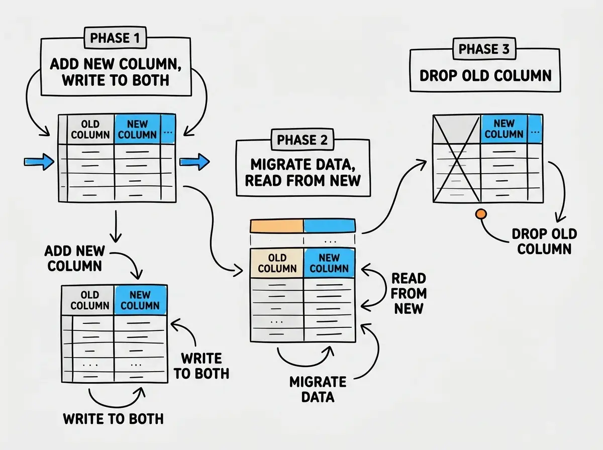 Explainer diagram showing a three-phase rename strategy with boxes labeled Phase 1 (add new column, write to both), Phase 2 (migrate data, read from new), and Phase 3 (drop old column), with a database table shown at each phase illustrating the column state