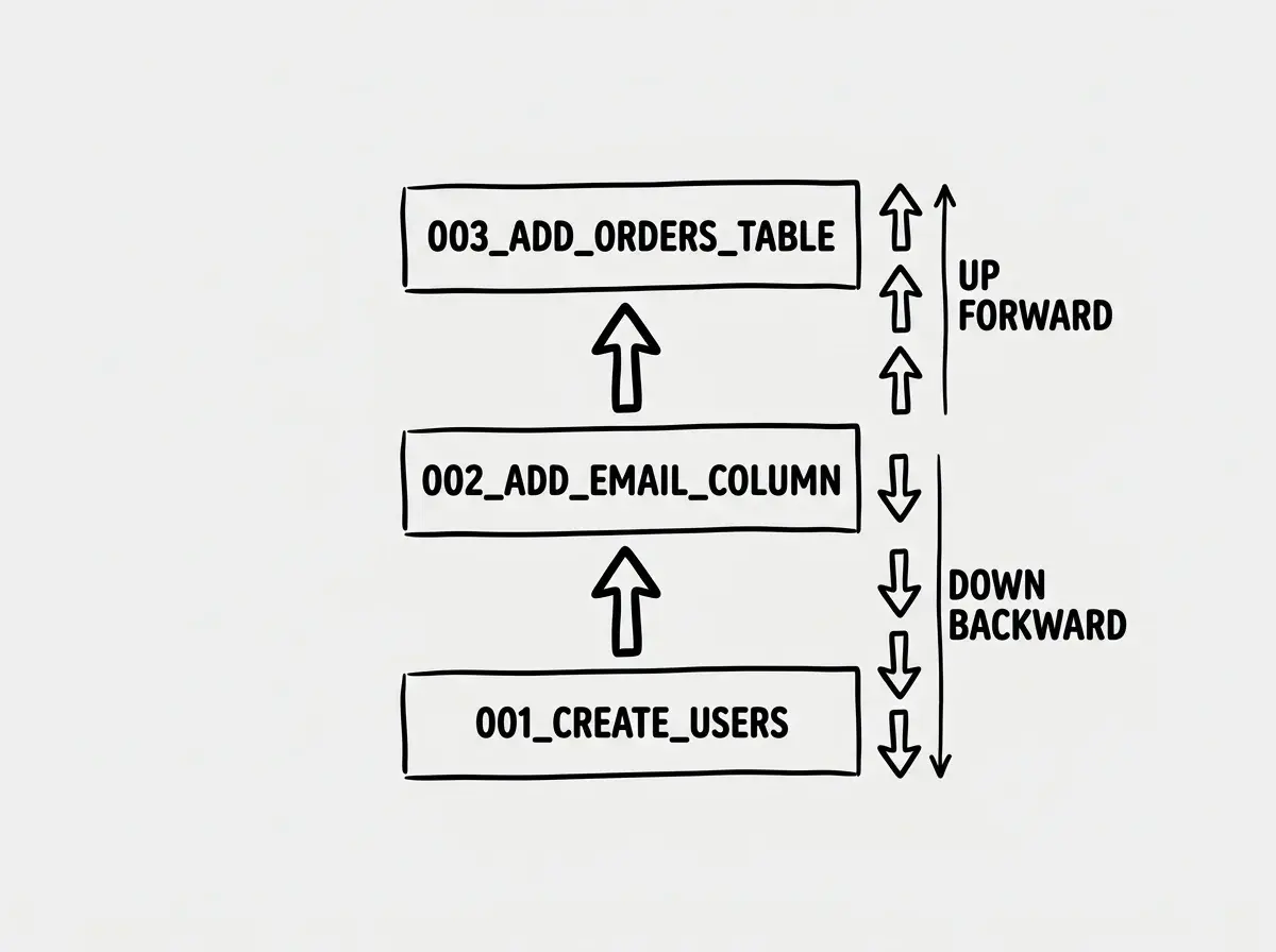 Explainer diagram showing a migration timeline with three sequential migration files labeled 001_create_users, 002_add_email_column, and 003_add_orders_table, with arrows showing the forward (up) and backward (down) directions between each step