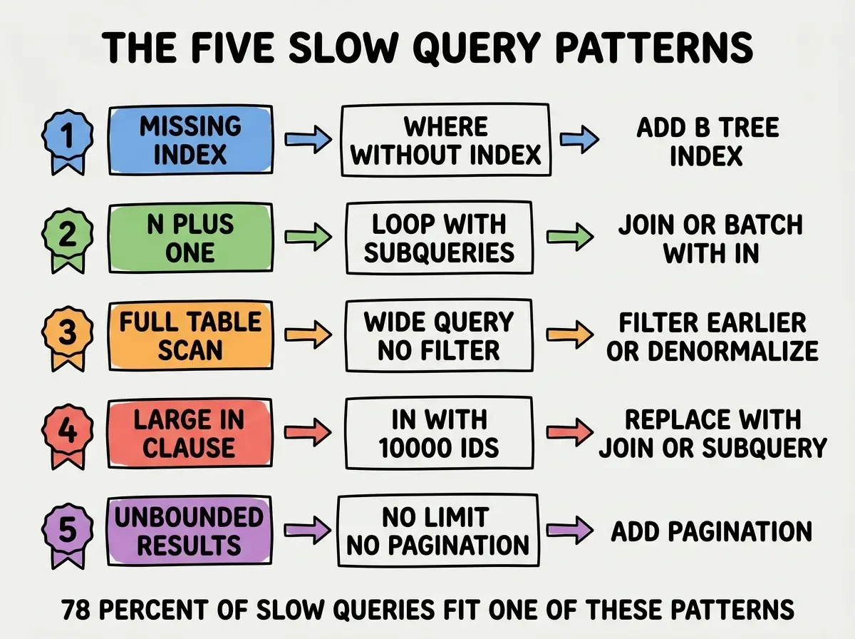 EXPLAINER DIAGRAM titled THE FIVE SLOW QUERY PATTERNS shown as a vertical numbered list on a slate background. Five rows. Row 1 blue badge MISSING INDEX example WHERE WITHOUT INDEX, fix ADD B TREE INDEX. Row 2 green badge N PLUS ONE example LOOP WITH SUBQUERIES, fix JOIN OR BATCH WITH IN. Row 3 orange badge FULL TABLE SCAN example WIDE QUERY NO FILTER, fix FILTER EARLIER OR DENORMALIZE. Row 4 red badge LARGE IN CLAUSE example IN WITH 10000 IDS, fix REPLACE WITH JOIN OR SUBQUERY. Row 5 purple badge UNBOUNDED RESULTS example NO LIMIT NO PAGINATION, fix ADD PAGINATION. Footer reads 78 PERCENT OF SLOW QUERIES FIT ONE OF THESE PATTERNS.
