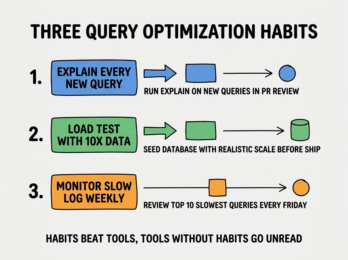 EXPLAINER DIAGRAM titled THREE QUERY OPTIMIZATION HABITS shown as a vertical numbered list on a slate background. Three rows. Row 1 blue badge EXPLAIN EVERY NEW QUERY sublabel RUN EXPLAIN ON NEW QUERIES IN PR REVIEW. Row 2 green badge LOAD TEST WITH 10X DATA sublabel SEED DATABASE WITH REALISTIC SCALE BEFORE SHIP. Row 3 orange badge MONITOR SLOW LOG WEEKLY sublabel REVIEW TOP 10 SLOWEST QUERIES EVERY FRIDAY. Footer reads HABITS BEAT TOOLS, TOOLS WITHOUT HABITS GO UNREAD.