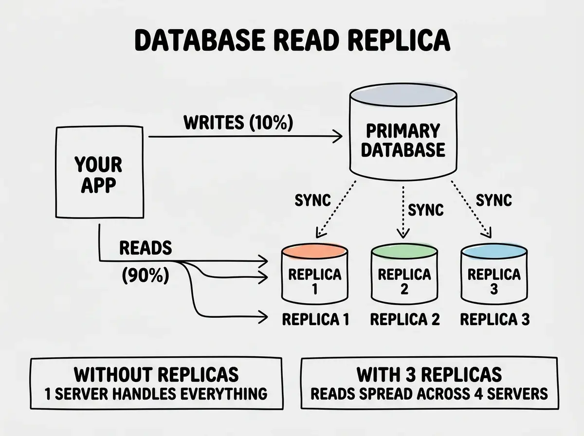 EXPLAINER DIAGRAM: A horizontal flow diagram showing database read replica architecture. On the left, a box labeled YOUR APP with arrows going right. The top arrow is labeled WRITES (10%) and points to a single large cylinder labeled PRIMARY DATABASE. The bottom arrow is labeled READS (90%) and splits into three arrows pointing to three smaller cylinders labeled REPLICA 1, REPLICA 2, and REPLICA 3. Dotted arrows flow from the PRIMARY DATABASE down to each replica, labeled SYNC. Below the diagram, two stats boxes: one reading WITHOUT REPLICAS 1 SERVER HANDLES EVERYTHING and one reading WITH 3 REPLICAS READS SPREAD ACROSS 4 SERVERS.