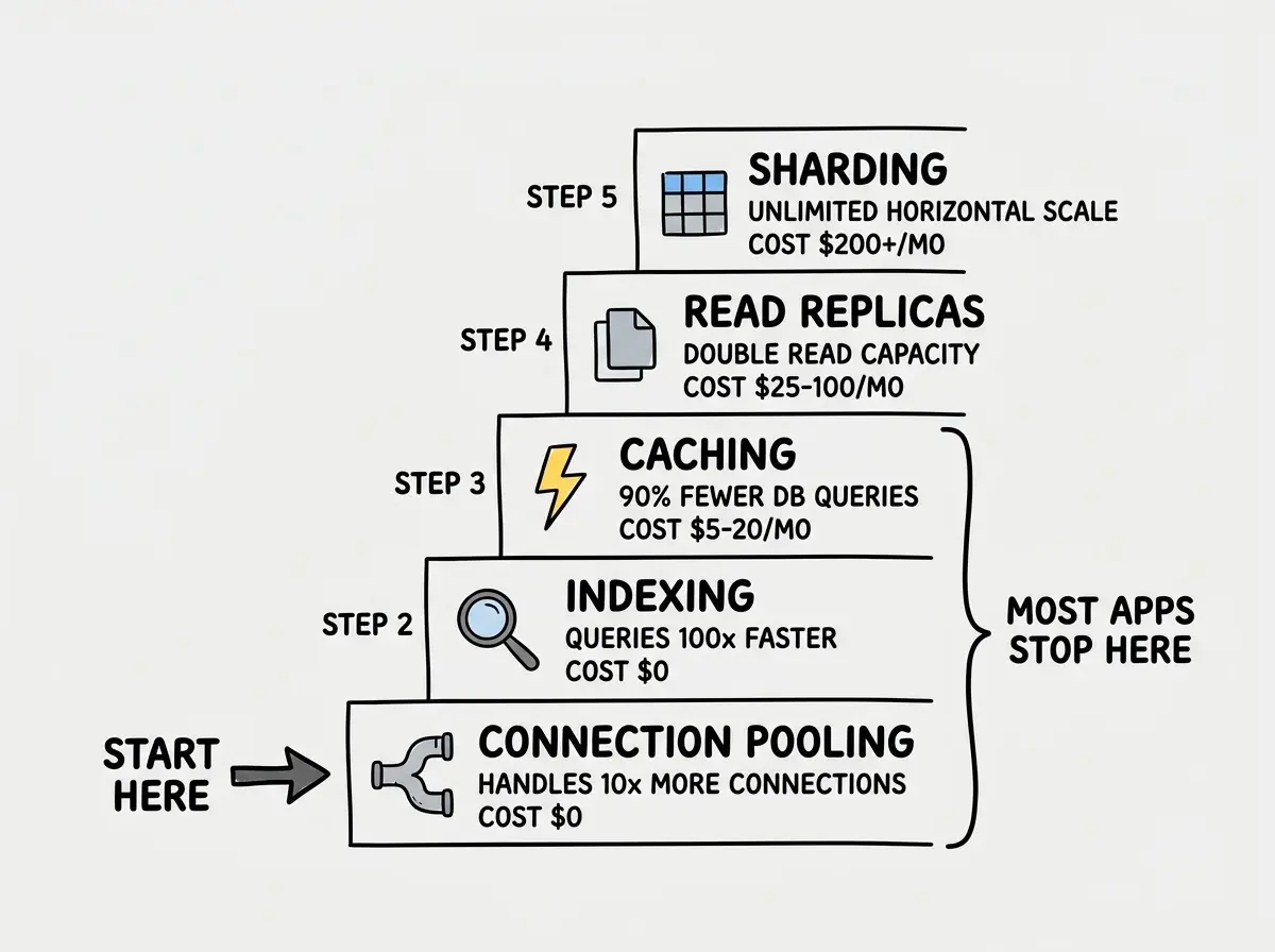 EXPLAINER DIAGRAM: A vertical staircase with five steps, each labeled with a database scaling technique. Step 1 at the bottom is labeled CONNECTION POOLING with a pipe splitter icon and the text HANDLES 10x MORE CONNECTIONS, COST $0. Step 2 is labeled INDEXING with a magnifying glass icon and the text QUERIES 100x FASTER, COST $0. Step 3 is labeled CACHING with a lightning bolt icon and the text 90% FEWER DB QUERIES, COST $5-20/MO. Step 4 is labeled READ REPLICAS with a copy icon and the text DOUBLE READ CAPACITY, COST $25-100/MO. Step 5 at the top is labeled SHARDING with a grid icon and the text UNLIMITED HORIZONTAL SCALE, COST $200+/MO. An arrow on the left reads START HERE pointing to step 1. A bracket on the right groups steps 1 through 3 with the label MOST APPS STOP HERE.
