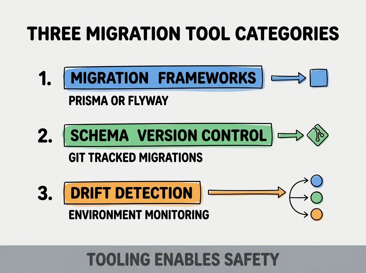 Clean modern flat infographic on light gray background. Top title bold black: THREE MIGRATION TOOL CATEGORIES. Single vertical numbered list with three rows. Row 1 blue badge MIGRATION FRAMEWORKS with subtitle PRISMA OR FLYWAY. Row 2 green badge SCHEMA VERSION CONTROL with subtitle GIT TRACKED MIGRATIONS. Row 3 orange badge DRIFT DETECTION with subtitle ENVIRONMENT MONITORING. Footer text dark gray: TOOLING ENABLES SAFETY. Each label appears exactly once. No duplicated text.