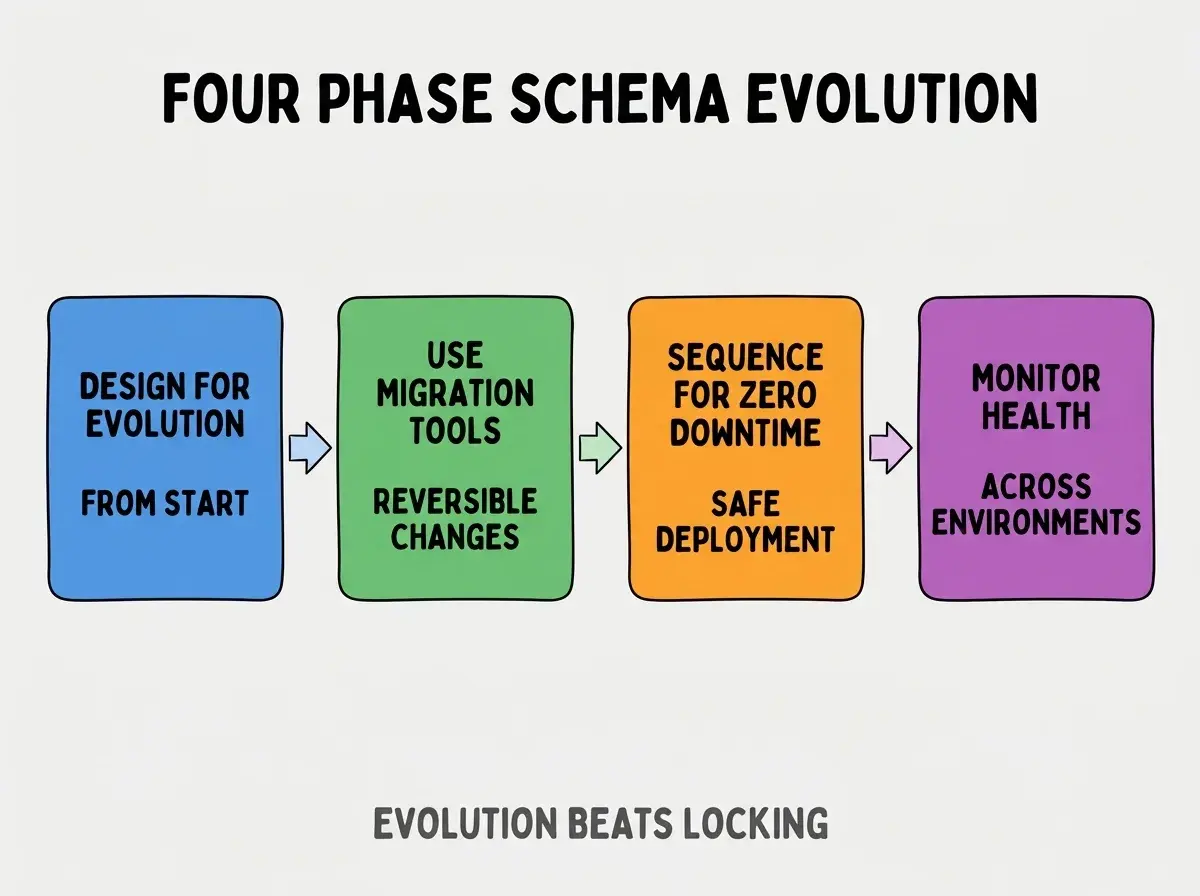 Clean modern flat infographic on light gray background. Top center title bold black: FOUR PHASE SCHEMA EVOLUTION. Single horizontal row with four equal sized colored rounded rectangle cards. Card 1 blue background two lines DESIGN FOR EVOLUTION and FROM START. Card 2 green background two lines USE MIGRATION TOOLS and REVERSIBLE CHANGES. Card 3 orange background two lines SEQUENCE FOR ZERO DOWNTIME and SAFE DEPLOYMENT. Card 4 purple background two lines MONITOR HEALTH and ACROSS ENVIRONMENTS. Below the row a single footer line in dark gray text: EVOLUTION BEATS LOCKING. No other text. No duplicated text anywhere.