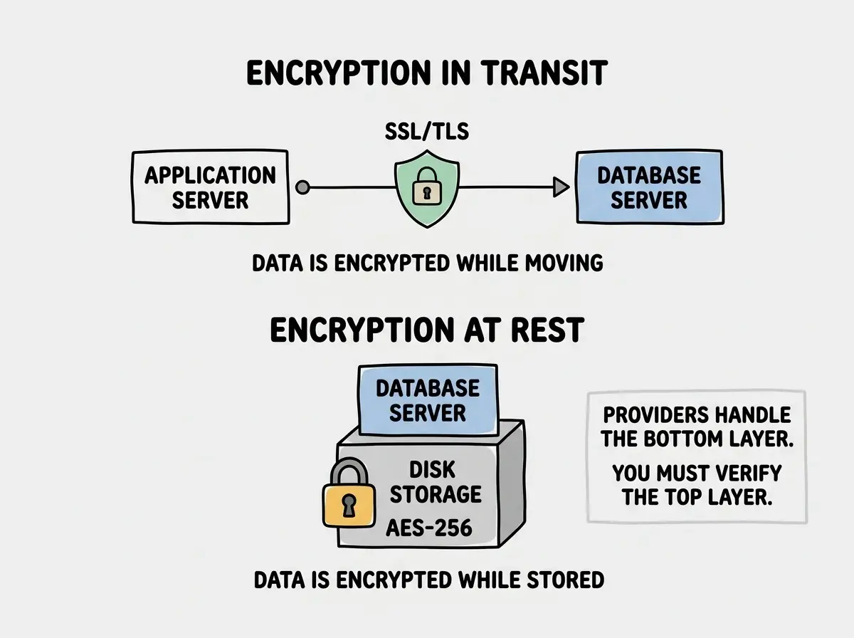 EXPLAINER DIAGRAM: A two-layer security model. Top layer labeled ENCRYPTION IN TRANSIT shows a connection line between an APPLICATION SERVER box on the left and a DATABASE SERVER box on the right. The line passes through a shield icon labeled SSL/TLS with a lock symbol. Below the line, text reads DATA IS ENCRYPTED WHILE MOVING. Bottom layer labeled ENCRYPTION AT REST shows the DATABASE SERVER box sitting on top of a DISK STORAGE block. The disk block has a lock icon and is labeled AES-256. Text reads DATA IS ENCRYPTED WHILE STORED. A sidebar note reads PROVIDERS HANDLE THE BOTTOM LAYER. YOU MUST VERIFY THE TOP LAYER.