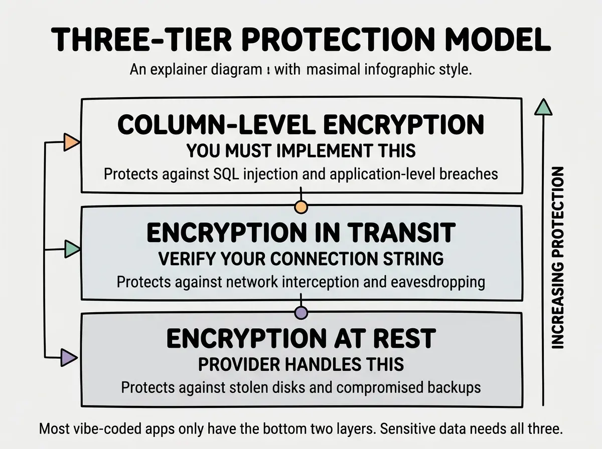 EXPLAINER DIAGRAM: A three-tier protection model displayed as stacked horizontal bars. Bottom bar labeled ENCRYPTION AT REST with text PROVIDER HANDLES THIS and subtitle Protects against stolen disks and compromised backups. Middle bar labeled ENCRYPTION IN TRANSIT with text VERIFY YOUR CONNECTION STRING and subtitle Protects against network interception and eavesdropping. Top bar labeled COLUMN-LEVEL ENCRYPTION with text YOU MUST IMPLEMENT THIS and subtitle Protects against SQL injection and application-level breaches. An arrow on the right side points upward with the label INCREASING PROTECTION. A footer note reads Most vibe-coded apps only have the bottom two layers. Sensitive data needs all three.
