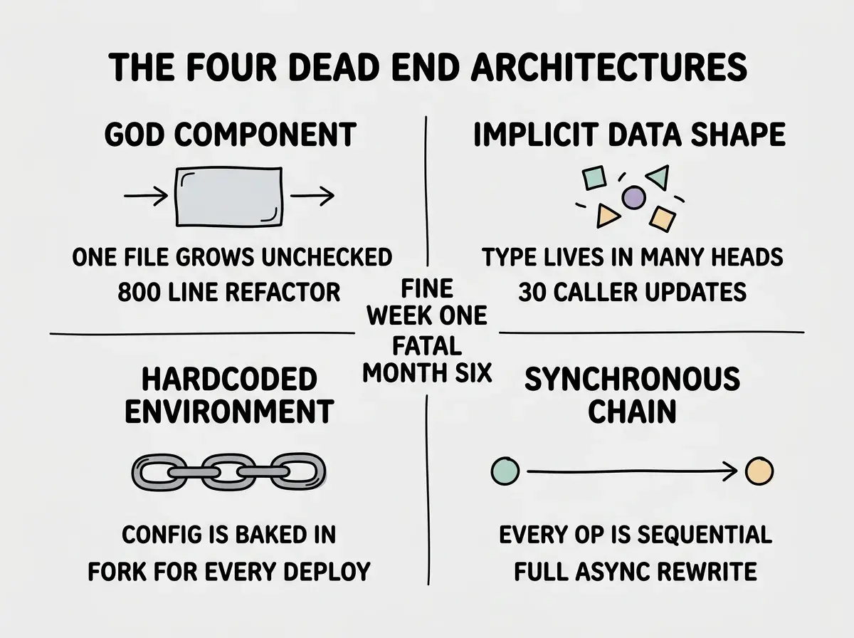 EXPLAINER DIAGRAM titled THE FOUR DEAD END ARCHITECTURES shown as a two by two grid on a slate background. Top left labeled GOD COMPONENT with a swollen rectangle icon, sublabel ONE FILE GROWS UNCHECKED, sublabel COST 800 LINE REFACTOR. Top right labeled IMPLICIT DATA SHAPE with a scattered shapes icon, sublabel TYPE LIVES IN MANY HEADS, sublabel COST 30 CALLER UPDATES. Bottom left labeled HARDCODED ENVIRONMENT with a chain icon, sublabel CONFIG IS BAKED IN, sublabel COST FORK FOR EVERY DEPLOY. Bottom right labeled SYNCHRONOUS CHAIN with a long line icon, sublabel EVERY OPERATION IS SEQUENTIAL, sublabel COST FULL ASYNC REWRITE. Center label reads ALL FOUR FEEL FINE IN WEEK ONE, ALL FOUR ARE FATAL IN MONTH SIX. Footer reads THE COST OF FIX GROWS QUADRATICALLY WITH TIME.