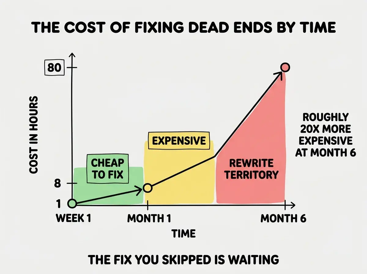 EXPLAINER DIAGRAM titled THE COST OF FIXING DEAD ENDS BY TIME shown as a line chart on a slate background. X axis labeled TIME with three markers WEEK 1, MONTH 1, and MONTH 6. Y axis labeled COST IN HOURS with markers 1, 8, and 80 plus. The line starts low at WEEK 1 with a value of 1, rises gradually to a value of 8 at MONTH 1, and shoots up steeply to a value of 80 at MONTH 6. Three colored zones, green from week 1 to month 1 labeled CHEAP TO FIX, yellow from month 1 to month 3 labeled GETTING EXPENSIVE, red from month 3 to month 6 labeled REWRITE TERRITORY. A side annotation reads ROUGHLY 20X MORE EXPENSIVE TO FIX AT MONTH 6 THAN WEEK 1. Footer reads THE FIX YOU SKIPPED IN WEEK ONE IS WAITING FOR YOU.