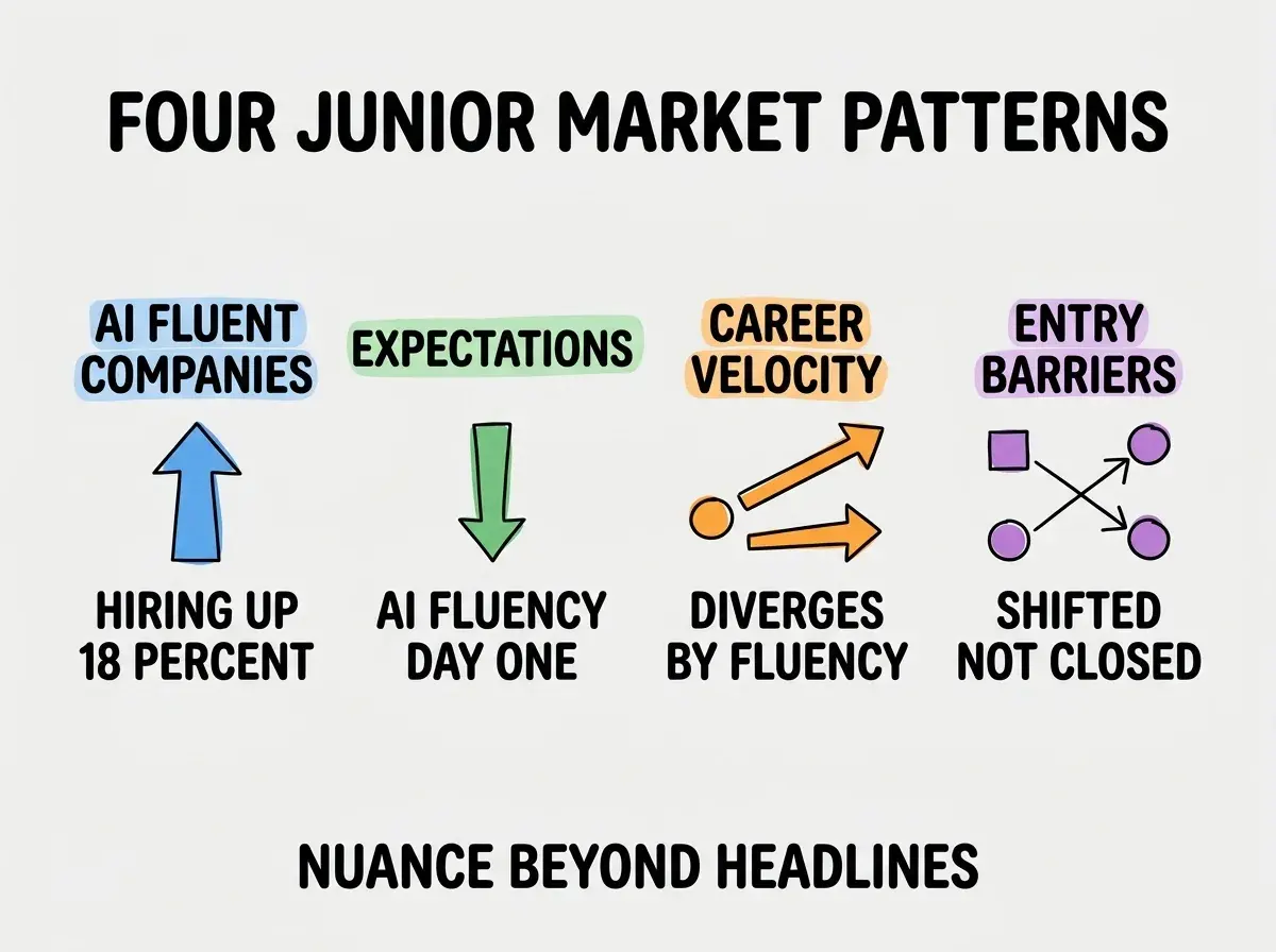 EXPLAINER DIAGRAM titled FOUR JUNIOR MARKET PATTERNS shown as a horizontal four-column chart on a slate background. Column 1 colored blue AI FLUENT COMPANIES label HIRING UP 18 PERCENT. Column 2 colored green EXPECTATIONS label AI FLUENCY DAY ONE. Column 3 colored orange CAREER VELOCITY label DIVERGES BY FLUENCY. Column 4 colored purple ENTRY BARRIERS label SHIFTED NOT CLOSED. Footer reads NUANCE BEYOND HEADLINES.