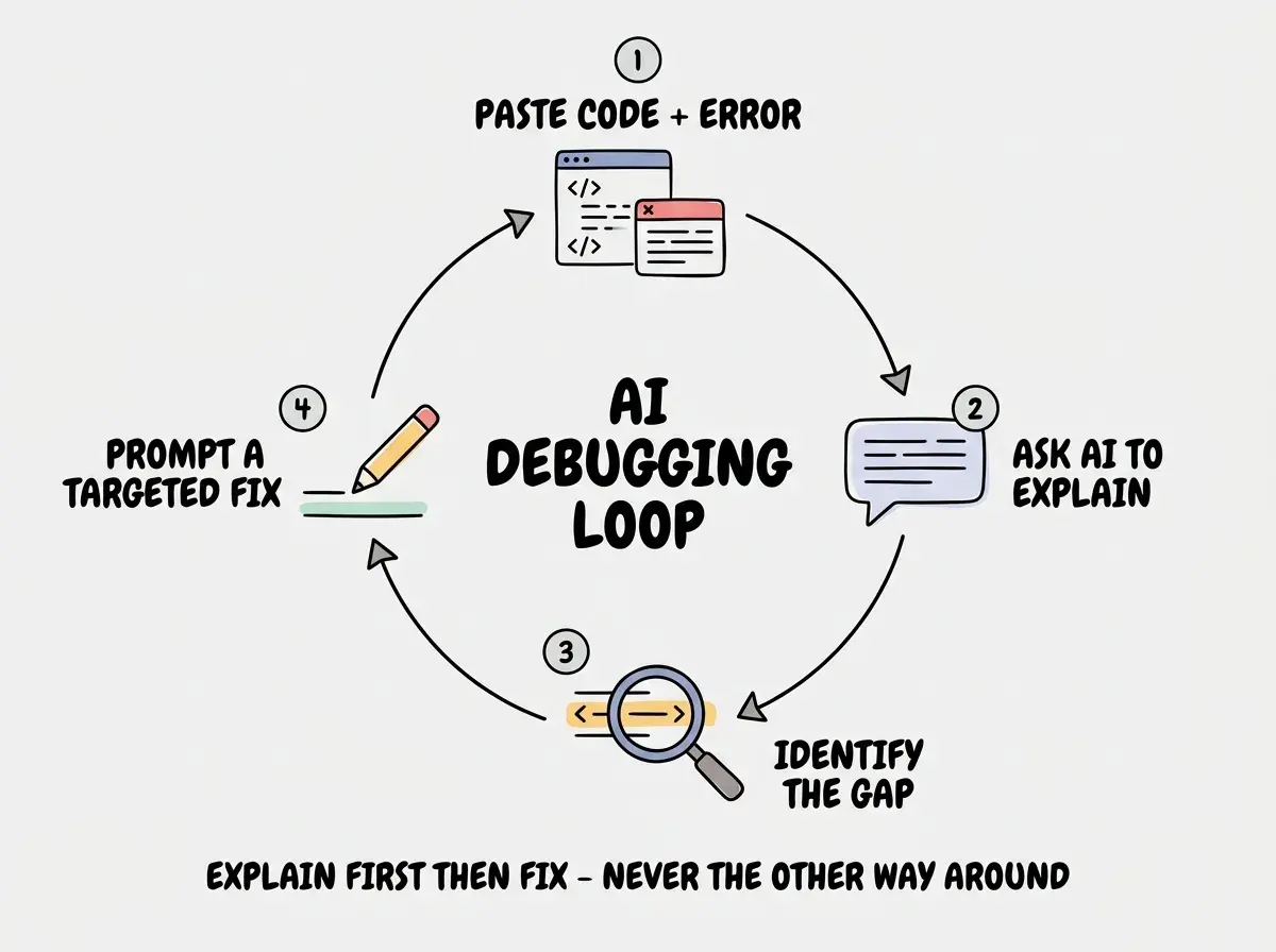 EXPLAINER DIAGRAM: A circular workflow diagram with four nodes connected by arrows going clockwise. Node 1 at the top is labeled PASTE CODE + ERROR and shows a code snippet icon next to an error message icon. Node 2 on the right is labeled ASK AI TO EXPLAIN and shows a speech bubble with lines of text. Node 3 at the bottom is labeled IDENTIFY THE GAP with a magnifying glass over a highlighted line of code. Node 4 on the left is labeled PROMPT A TARGETED FIX with a pencil editing a single line. In the center of the circle, text reads AI DEBUGGING LOOP. Below the diagram a note reads EXPLAIN FIRST THEN FIX - NEVER THE OTHER WAY AROUND.