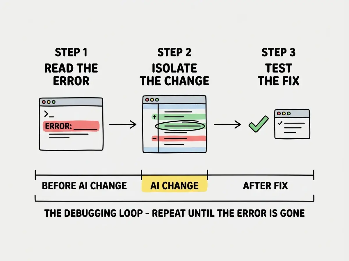 EXPLAINER DIAGRAM: A three-step flowchart moving left to right. Step 1 is labeled READ THE ERROR and shows a terminal window icon with a red error message highlighted. An arrow points to Step 2 labeled ISOLATE THE CHANGE which shows a diff view with green added lines and red removed lines, with one line circled. An arrow points to Step 3 labeled TEST THE FIX which shows a green checkmark next to a test runner output. Below the three steps, a timeline bar shows BEFORE AI CHANGE on the left, AI CHANGE in the middle highlighted in yellow, and AFTER FIX on the right. A label beneath reads THE DEBUGGING LOOP - REPEAT UNTIL THE ERROR IS GONE.