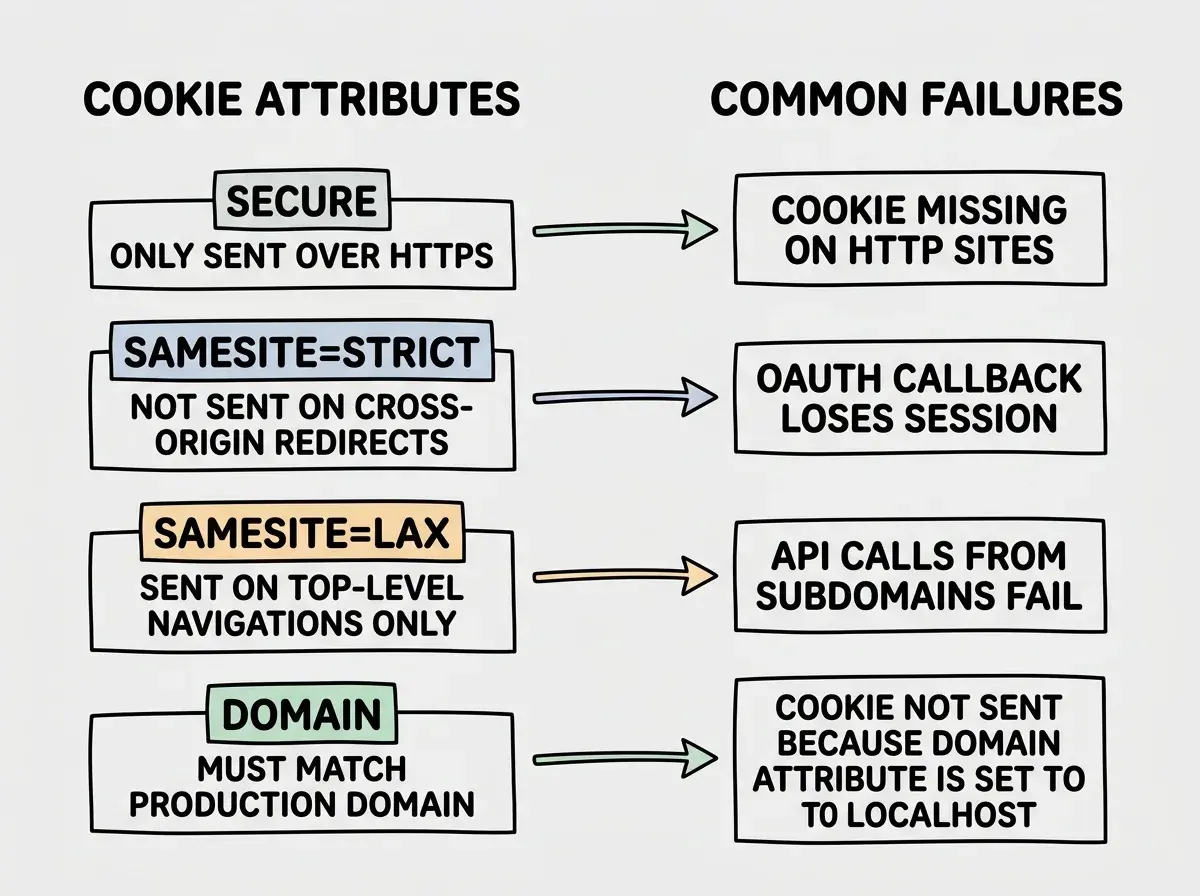 EXPLAINER DIAGRAM: A two-column layout showing cookie attributes and their effects. Left column labeled COOKIE ATTRIBUTES shows four rows: Secure (only sent over HTTPS), SameSite=Strict (not sent on cross-origin redirects), SameSite=Lax (sent on top-level navigations only), and Domain (must match the production domain). Right column labeled COMMON FAILURES shows corresponding failure scenarios: cookie missing on HTTP sites, OAuth callback loses session, API calls from subdomains fail, and cookie not sent because domain attribute is set to localhost. Arrows connect each attribute to its failure mode.