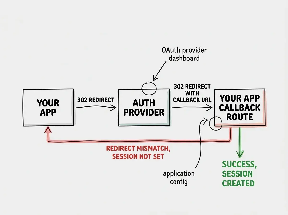 EXPLAINER DIAGRAM: A flowchart showing a redirect loop between three boxes. Box 1 labeled YOUR APP with an arrow labeled 302 Redirect pointing to Box 2 labeled AUTH PROVIDER. Box 2 has an arrow labeled 302 Redirect with callback URL pointing to Box 3 labeled YOUR APP CALLBACK ROUTE. Box 3 has a red arrow looping back to Box 1 labeled REDIRECT MISMATCH, SESSION NOT SET. A green arrow branches from Box 3 downward to a box labeled SUCCESS, SESSION CREATED. Annotations highlight the two places where callback URLs must match: the OAuth provider dashboard and the application config.