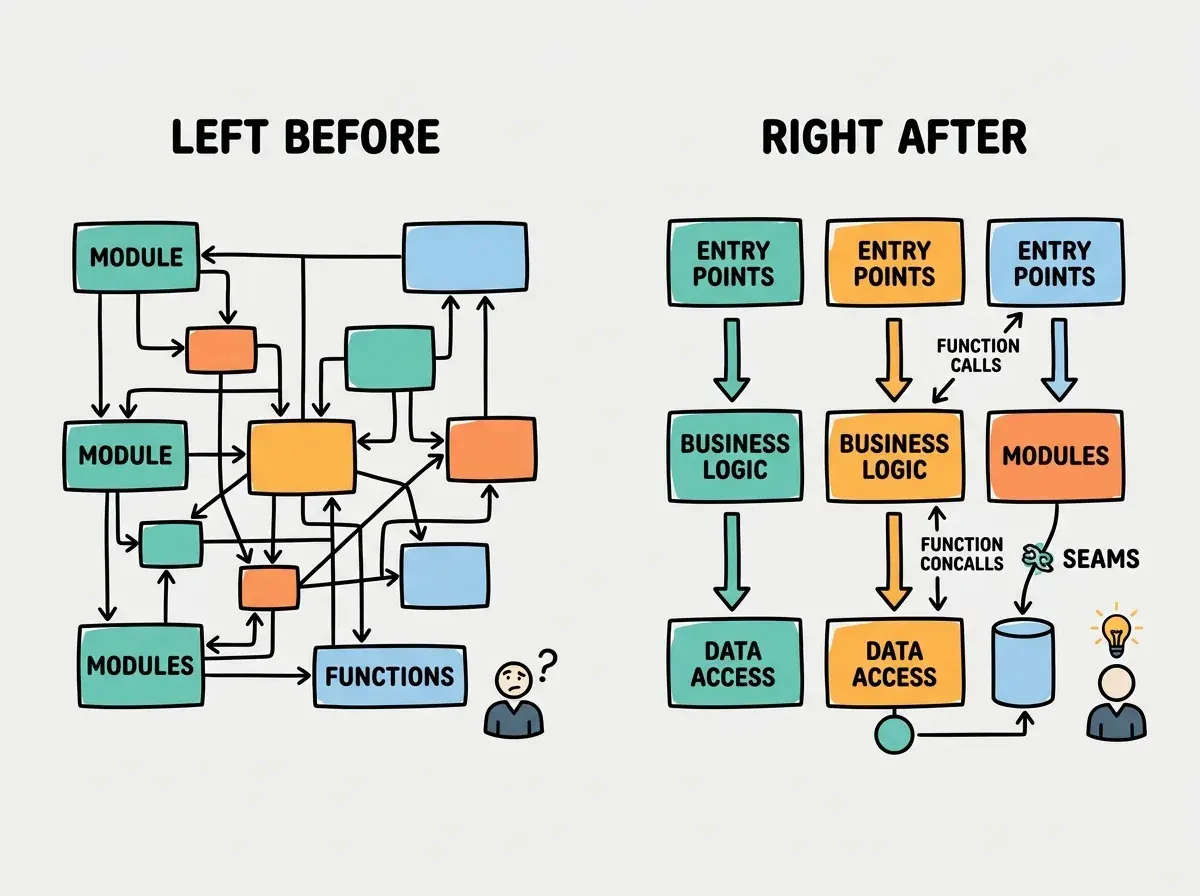 EXPLAINER DIAGRAM: A two-panel illustration showing a codebase before and after mapping. The left panel labeled BEFORE shows a tangled web of boxes and arrows representing modules with no clear structure, with a confused developer icon in the corner. The right panel labeled AFTER shows the same modules reorganized into clear layers: an entry points row at the top, a business logic row in the middle, and a data access row at the bottom. Arrows now flow mostly downward with a few highlighted cross-layer calls marked as SEAMS. A developer icon in the corner is shown with a lightbulb, indicating understanding.
