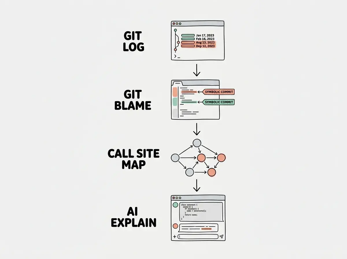 EXPLAINER DIAGRAM: A step-by-step vertical flow showing the code archaeology process. Step 1 labeled GIT LOG shows a terminal icon with a commit history list highlighting date clusters. Step 2 labeled GIT BLAME shows a file view with colored line annotations pointing to specific commits. Step 3 labeled CALL SITE MAP shows a simplified dependency graph with arrows showing which modules call the function under investigation. Step 4 labeled AI EXPLAIN shows a chat interface with old code pasted in and a summary response below. Each step has a short description and connects to the next with a downward arrow.