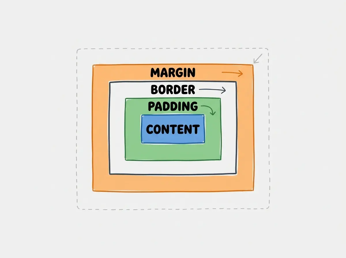 EXPLAINER DIAGRAM: A labeled cross-section of the CSS box model. A small blue rectangle in the center is labeled CONTENT. Around it a green band is labeled PADDING. Around that a thin dark line is labeled BORDER. Around that an orange band is labeled MARGIN. Outside the margin a faint dashed outline represents the neighboring element. Arrows point to each layer with clean labels. Light background with clear spacing between layers.