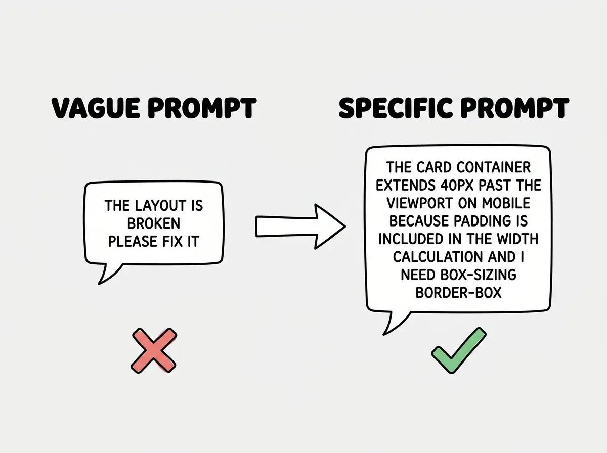 EXPLAINER DIAGRAM: Two side-by-side comparison panels. Left panel titled VAGUE PROMPT shows a speech bubble saying the layout is broken please fix it with a red X below. Right panel titled SPECIFIC PROMPT shows a speech bubble saying the card container extends 40px past the viewport on mobile because padding is not included in the width calculation and I need box-sizing border-box with a green checkmark below. A horizontal arrow connects the two panels pointing from left to right. Clean minimal design with light background.