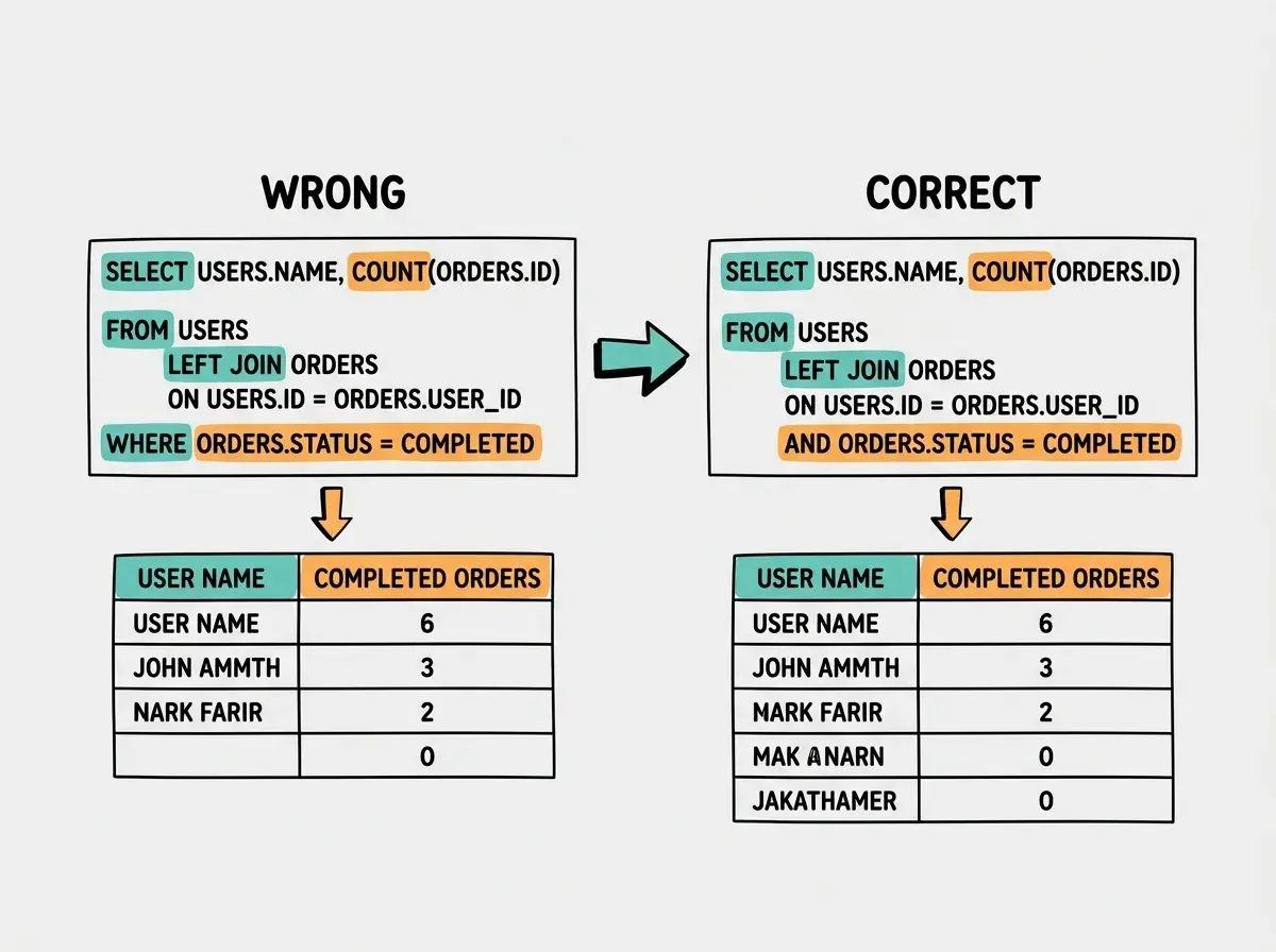EXPLAINER DIAGRAM: A side-by-side comparison showing two SQL queries and their results. The left side is labeled WRONG and shows a query with WHERE orders.status = completed, producing a results table where users with zero orders are missing. The right side is labeled CORRECT and shows the same filter moved into the JOIN ON clause, producing a results table where all users appear including those with zero completed orders. An arrow between them highlights that the filter placement changes whether users with no matches are included or excluded.