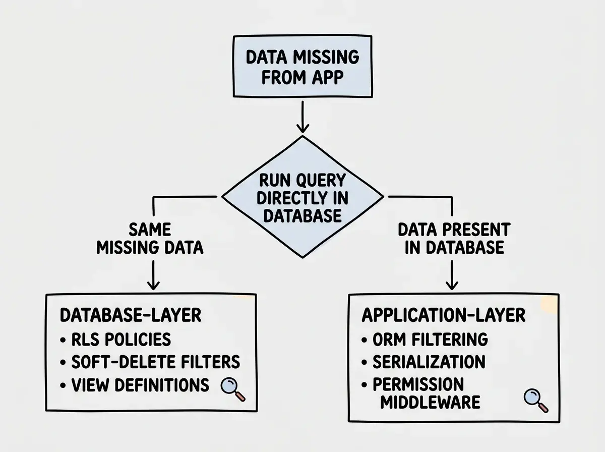 EXPLAINER DIAGRAM: A vertical flowchart for diagnosing missing data. The top box is labeled DATA MISSING FROM APP. An arrow leads to a decision diamond labeled RUN QUERY DIRECTLY IN DATABASE. Two branches emerge. The left branch labeled SAME MISSING DATA leads to a box listing database-layer causes such as RLS policies, soft-delete filters, and view definitions. The right branch labeled DATA PRESENT IN DATABASE leads to a box listing application-layer causes such as ORM filtering, serialization, and permission middleware. Each cause box has a small magnifying glass icon.