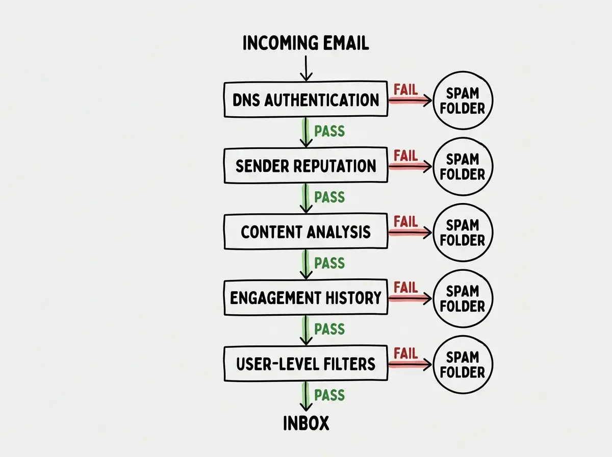 EXPLAINER DIAGRAM: A vertical flowchart showing the spam filter decision process. At the top is an incoming email arrow. Below it are five filter boxes in sequence: DNS Authentication Check (SPF, DKIM, DMARC pass or fail), Sender Reputation Check (domain and IP reputation score), Content Analysis (subject line, HTML structure, text-to-image ratio), Engagement History (past open and spam rates from this sender), and User-Level Filters (individual user's spam rules). Each box has a green PASS arrow continuing downward and a red FAIL arrow pointing to the SPAM FOLDER on the right. At the bottom is the INBOX outcome after passing all filters.