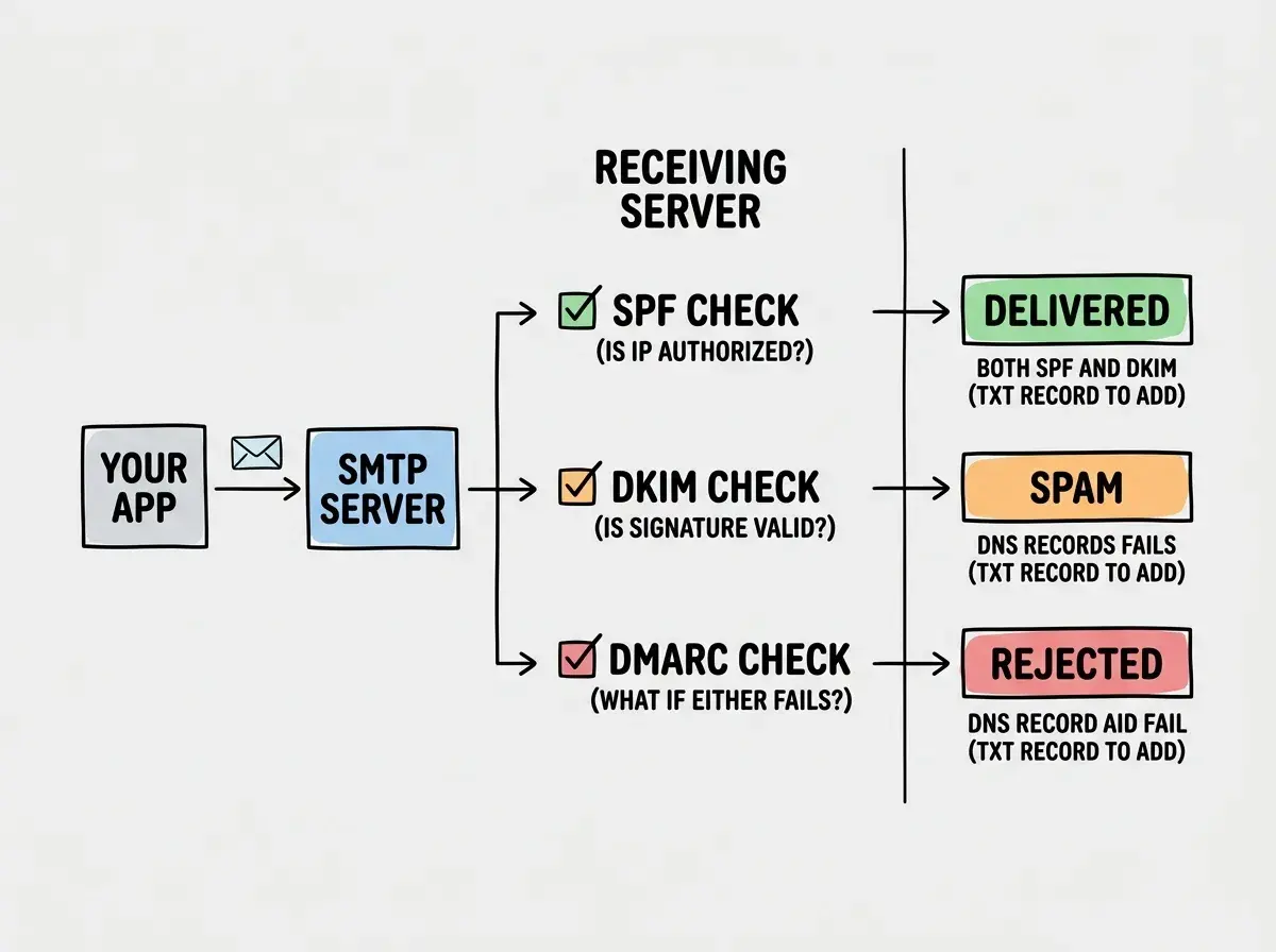EXPLAINER DIAGRAM: A three-column flow showing how SPF, DKIM, and DMARC work together. Left column shows YOUR APP sending an email to an SMTP server. Middle column shows the email arriving at a RECEIVING SERVER with three check boxes: SPF check (is this IP authorized to send?), DKIM check (is the signature valid?), and DMARC check (what to do if either fails?). Right column shows three possible outcomes: DELIVERED (both pass), SPAM (one fails, soft policy), REJECTED (both fail, strict policy). Each DNS record type is annotated with a short description of what TXT record to add.