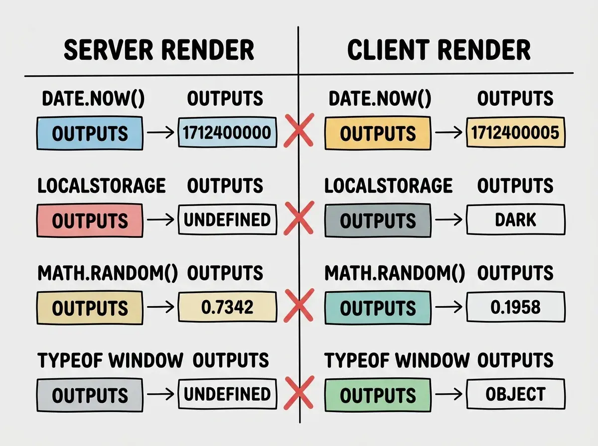 EXPLAINER DIAGRAM: A two-column comparison chart. Left column labeled SERVER RENDER shows four rows: Date.now() outputs 1712400000, localStorage outputs undefined, Math.random() outputs 0.7342, typeof window outputs undefined. Right column labeled CLIENT RENDER shows four rows: Date.now() outputs 1712400005, localStorage outputs dark, Math.random() outputs 0.1958, typeof window outputs object. Red X marks between each pair indicate mismatch. Clean flat design with light gray background.