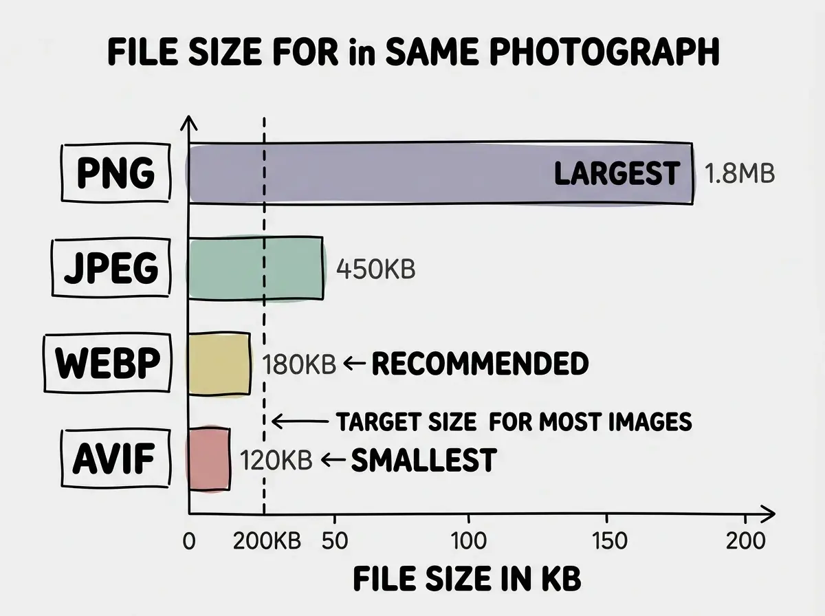 EXPLAINER DIAGRAM: A horizontal bar chart comparing file sizes for the same photograph in four formats. PNG bar extends to 1.8MB labeled largest. JPEG bar extends to 450KB. WebP bar extends to 180KB labeled recommended. AVIF bar extends to 120KB labeled smallest. Each bar is a different muted color. A vertical dashed line at 200KB is labeled target size for most images. Simple clean background with axis labels showing file size in KB.