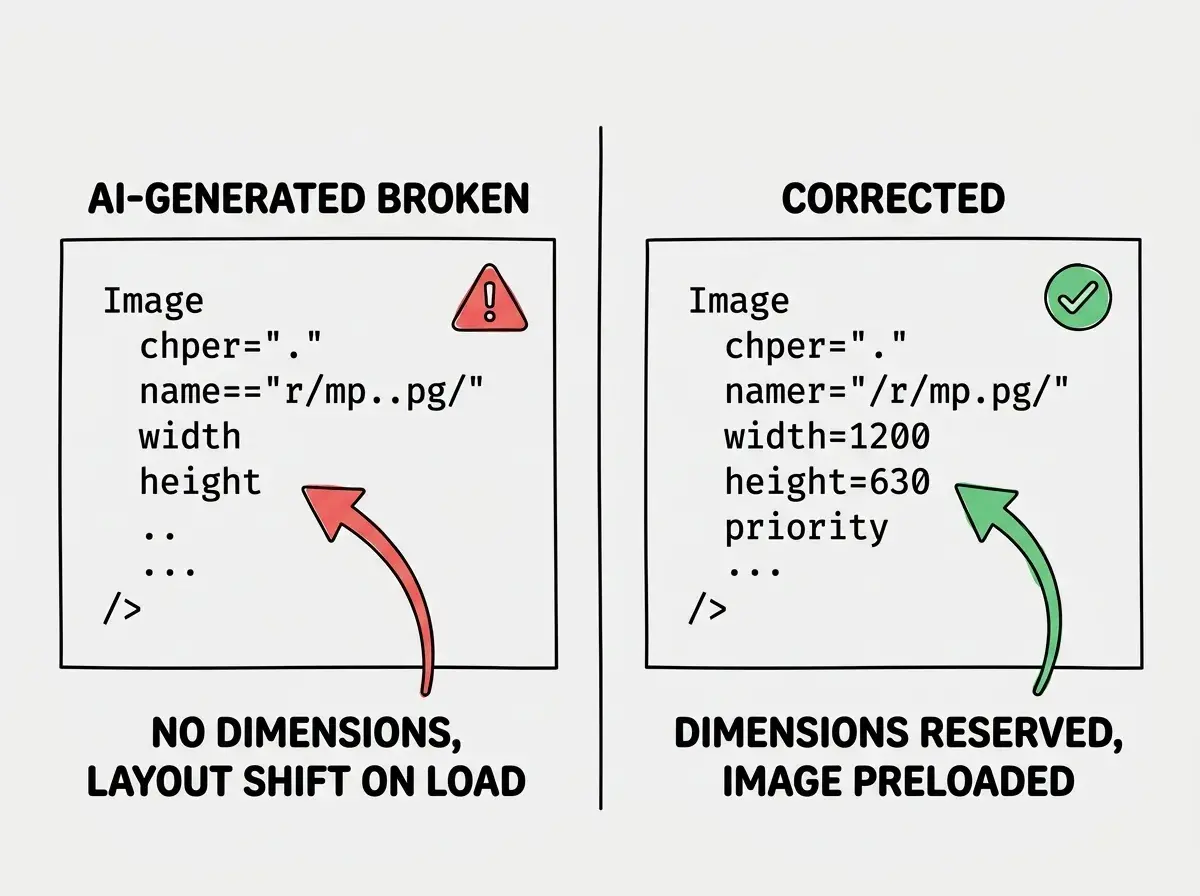 EXPLAINER DIAGRAM: A split panel showing two Next.js Image component code snippets. Left panel labeled AI-GENERATED (BROKEN) shows an Image component missing width, height, and priority props, with a red warning icon and text reading no dimensions, layout shift on load. Right panel labeled CORRECTED shows the same component with width=1200 height=630 and priority added, with a green checkmark and text reading dimensions reserved, image preloaded. Both panels have a light neutral background with clean monospace code styling.