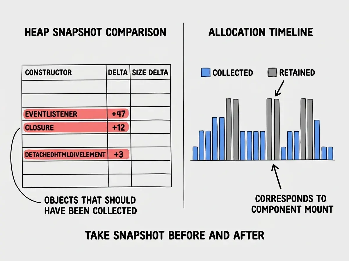 EXPLAINER DIAGRAM: Two side-by-side panels showing Chrome DevTools Memory tab workflow. Left panel labeled HEAP SNAPSHOT COMPARISON shows a table with columns for Constructor, Delta, Size Delta, and Retained Size. Three rows are highlighted in red: EventListener with plus 47 entries, closure with plus 12 entries, and DetachedHTMLDivElement with plus 3 entries. A label above reads OBJECTS THAT SHOULD HAVE BEEN COLLECTED. Right panel labeled ALLOCATION TIMELINE shows a timeline bar chart where most bars are blue labeled COLLECTED but three clusters of bars are gray labeled RETAINED. An arrow points to one gray cluster with text CORRESPONDS TO COMPONENT MOUNT. Below both panels a caption reads TAKE SNAPSHOT BEFORE AND AFTER THE INTERACTION YOU SUSPECT IS LEAKING.