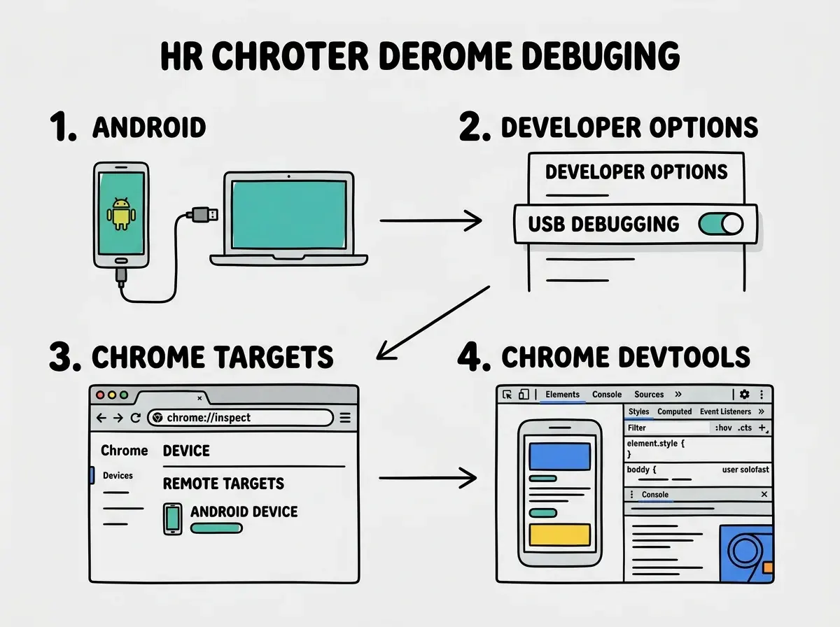 EXPLAINER DIAGRAM: A step-by-step flow showing how to set up Chrome remote debugging. Step 1 shows an Android phone icon with USB cable connected to a laptop. Step 2 shows a toggle labeled USB Debugging being switched on inside a Developer Options menu. Step 3 shows a Chrome browser window with chrome://inspect in the address bar and a connected device listed under Remote Targets. Step 4 shows a DevTools panel open showing the phone screen elements. Clean minimal line art with numbered steps, light background.