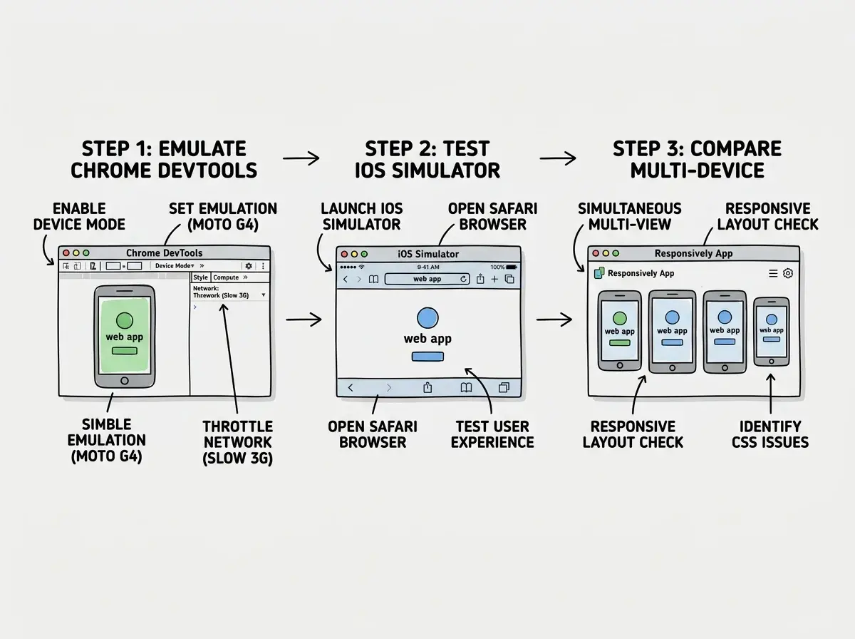 EXPLAINER DIAGRAM: A three-panel testing workflow. Panel 1 shows Chrome DevTools with Device Mode active, a mobile frame visible, and network throttled to Slow 3G. Panel 2 shows an iOS Simulator window showing a phone running Safari with a web app visible. Panel 3 shows a split view of Responsively App showing the same page at four different mobile screen sizes simultaneously. Arrows connect the panels left to right showing a progression from quick check to deeper inspection to multi-device review. Clean minimal style, light background.