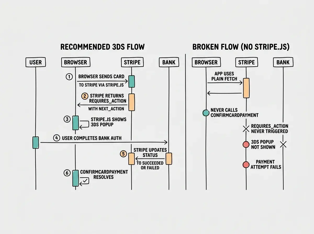 EXPLAINER DIAGRAM: A sequence diagram showing the 3D Secure payment flow. Step 1: Browser sends card details to Stripe via Stripe.js. Step 2: Stripe returns PaymentIntent with status requires_action and a next_action object. Step 3: Stripe.js detects requires_action and shows a 3DS authentication popup overlaying the page. Step 4: User completes bank authentication inside the popup. Step 5: Stripe updates PaymentIntent to succeeded or payment_failed. Step 6: stripe.confirmCardPayment() promise resolves with the final result. On the right side, a red path shows the broken flow where the app calls a plain fetch to create a PaymentIntent server-side and never calls confirmCardPayment, so the requires_action step is never triggered and the payment times out.
