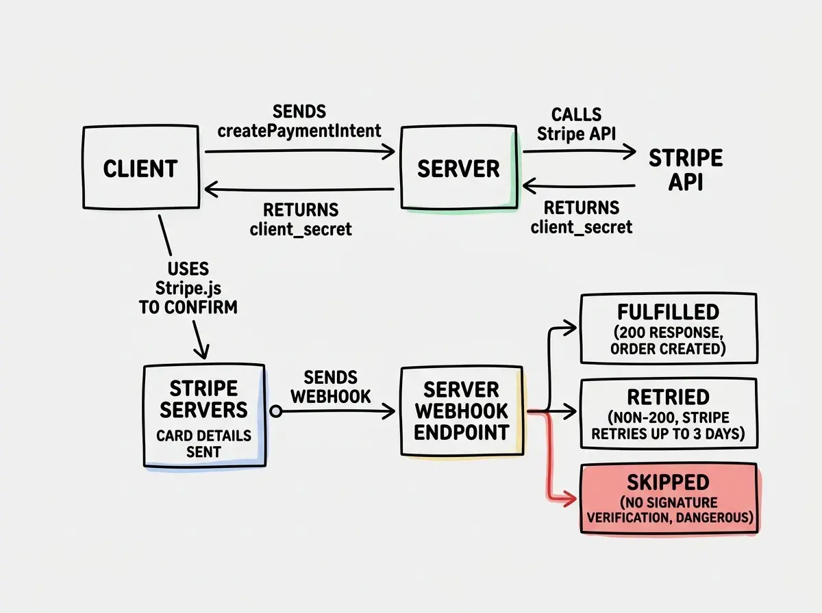 EXPLAINER DIAGRAM: A flow chart showing the Stripe payment lifecycle. Left side shows CLIENT sending a createPaymentIntent request to your SERVER, which calls the Stripe API and returns a client_secret. Center shows the CLIENT using Stripe.js to confirm the payment with the card details, with an arrow to STRIPE SERVERS. Right side shows STRIPE sending a webhook event to your SERVER WEBHOOK ENDPOINT. Below the webhook endpoint are three outcome boxes: FULFILLED (200 response, order created), RETRIED (non-200 response, Stripe retries up to 3 days), and SKIPPED (no signature verification, event processed without auth). A red highlight marks the SKIPPED path as dangerous.