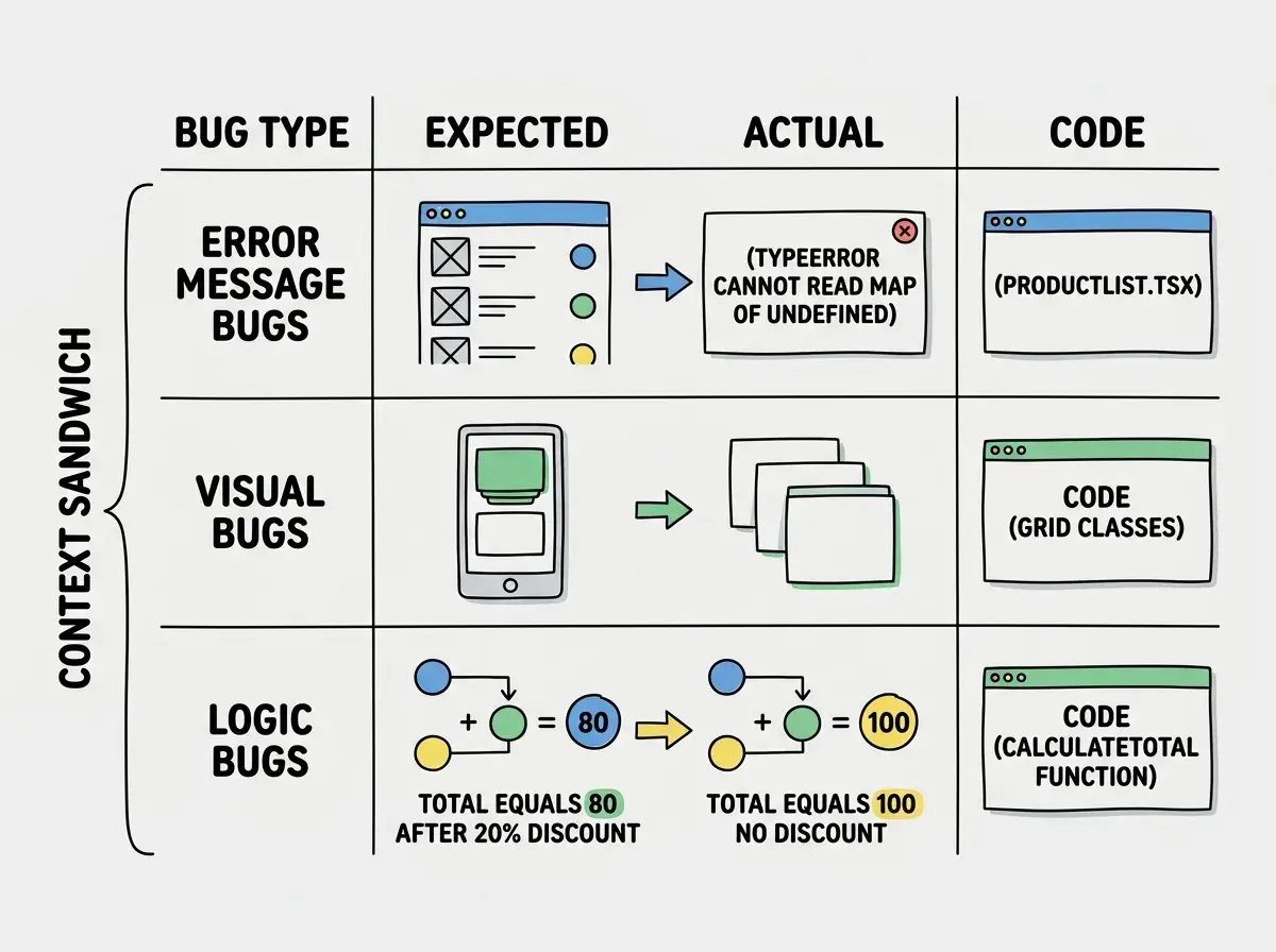 EXPLAINER DIAGRAM: A three-row comparison table showing bug description patterns for three bug types. Row 1 is labeled ERROR MESSAGE BUGS and has three columns showing the context sandwich layers: EXPECTED shows text render product list from API, ACTUAL shows text TypeError cannot read map of undefined on line 14, CODE shows a small code block icon labeled ProductList.tsx. Row 2 is labeled VISUAL BUGS and has three columns: EXPECTED shows a wireframe of three cards stacked vertically on a phone outline, ACTUAL shows a wireframe of three cards overlapping horizontally on a phone outline, CODE shows a small code block icon labeled grid classes. Row 3 is labeled LOGIC BUGS and has three columns: EXPECTED shows text discount of 20 percent applied so total equals 80, ACTUAL shows text total equals 100 with no discount applied, CODE shows a small code block icon labeled calculateTotal function. A bracket on the left groups all three rows and reads CONTEXT SANDWICH. Light background.