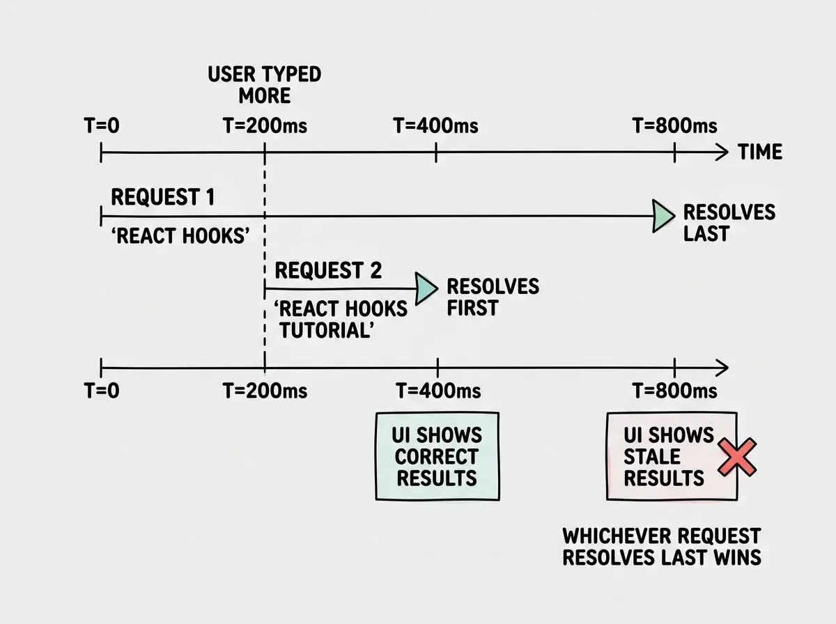 EXPLAINER DIAGRAM: A timeline showing two overlapping HTTP requests. The horizontal axis is labeled TIME, divided into segments. Two horizontal bars represent requests: REQUEST 1 starts at T=0, labeled query=react hooks, and ends at T=800ms with a checkmark labeled RESOLVES LAST. REQUEST 2 starts at T=200ms, labeled query=react hooks tutorial, and ends at T=400ms with a checkmark labeled RESOLVES FIRST. Below the timeline, two boxes show UI state: at T=400ms the UI box shows correct results for react hooks tutorial, and at T=800ms the UI box shows stale results for react hooks with a red X and label RACE CONDITION. A dashed vertical line at T=200ms is labeled user typed more. Below the diagram a note reads whichever request resolves last wins, regardless of which was triggered last.